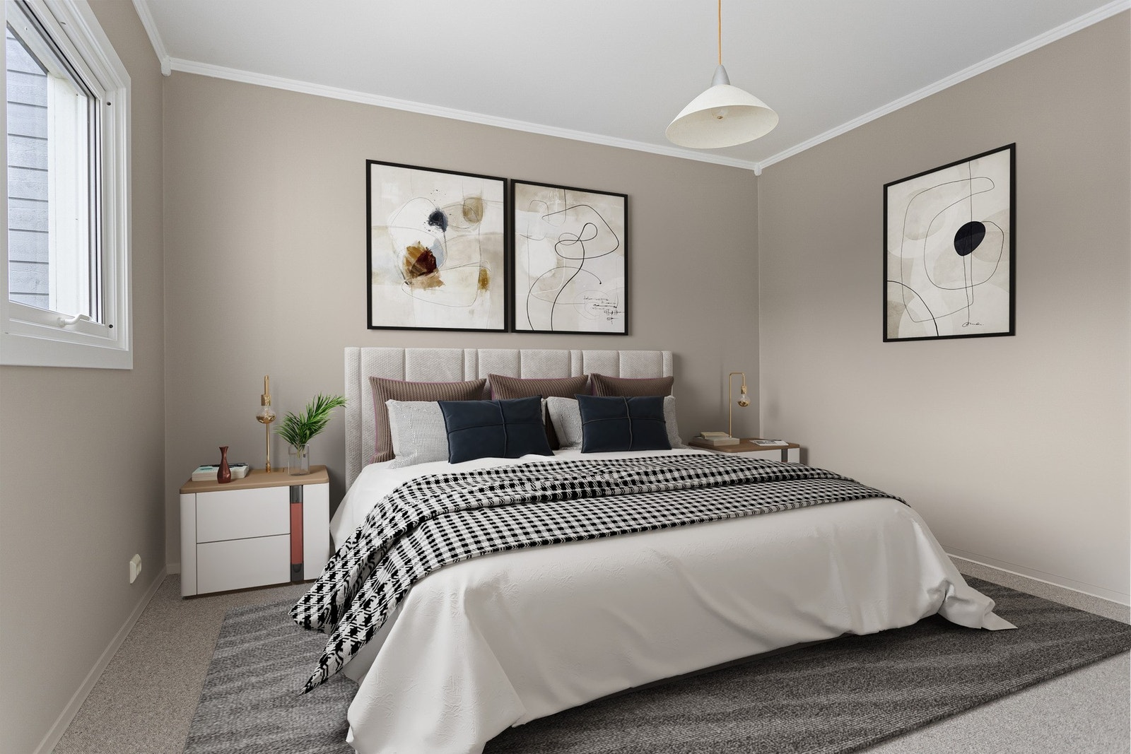 Soverom med god plass til dobbeltseng og garderobeskaper. (Bildet er digital stylet) Galleribilde