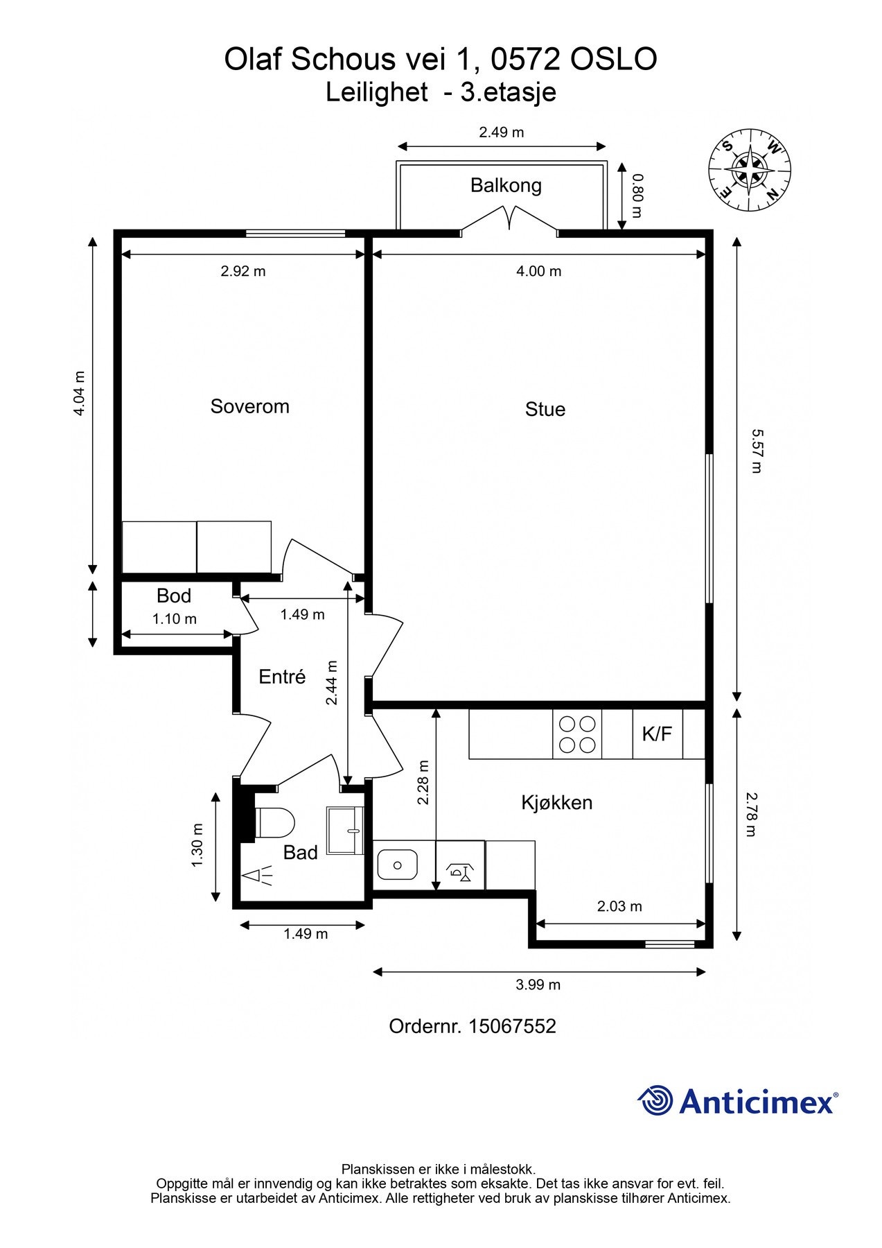 Plantegning. Dersom man flyttet kjøkken ut i stuen, får man et soverom nr. 2. Galleribilde