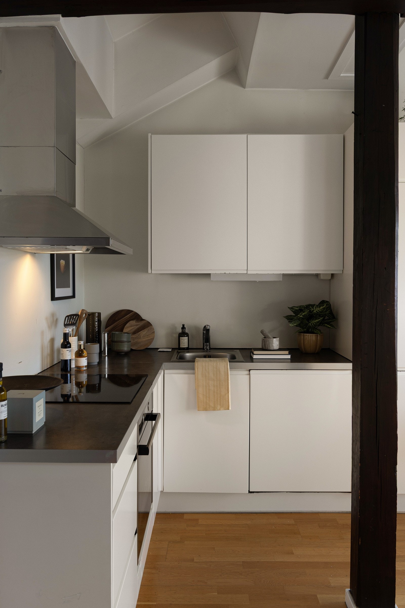 Det er integrert kjøl/fryseskap, oppvaskmaskin, stekeovn og platetopp med induksjon. Galleribilde