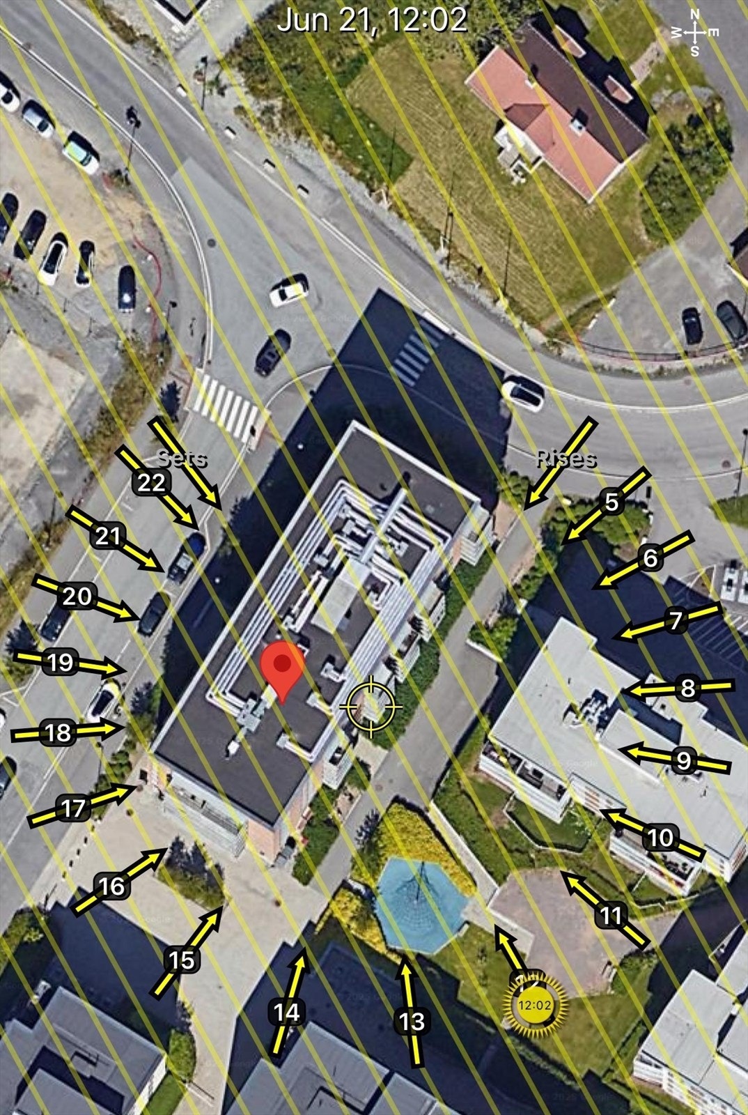 Solkart er kun ment som en illustrasjon over solforholdene midtsommers (21.6). Teknologien som brukes kan slå feil pga. kalibrering e.l. Solforhold må derfor også kontrolleres selv ved hjelp av kompass, kart eller egen app hvis dette er av betydning Galleribilde