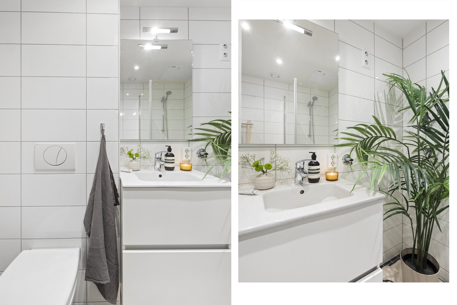 Pent baderom med fliser på vegger og gulv med varmekabler i gulv. Dusjhjørne utstyrt med innfellbare glassdører og falldusj Galleribilde