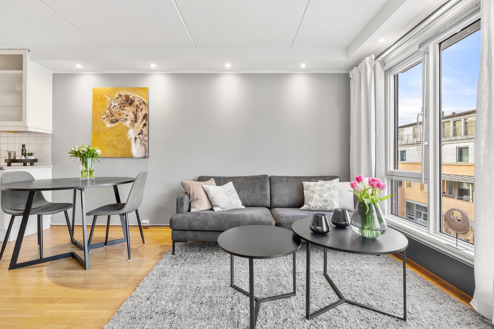 God plass til sofagruppe med møblement og spisebord. Galleribilde