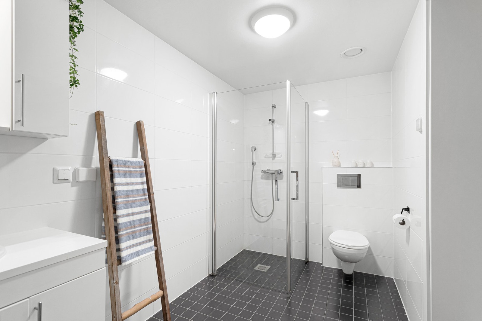 Vegghengt WC og dusj med innfellbare dører for en bedre utnyttelse av arealet. God plass til ekstra innredning for lagring. Galleribilde