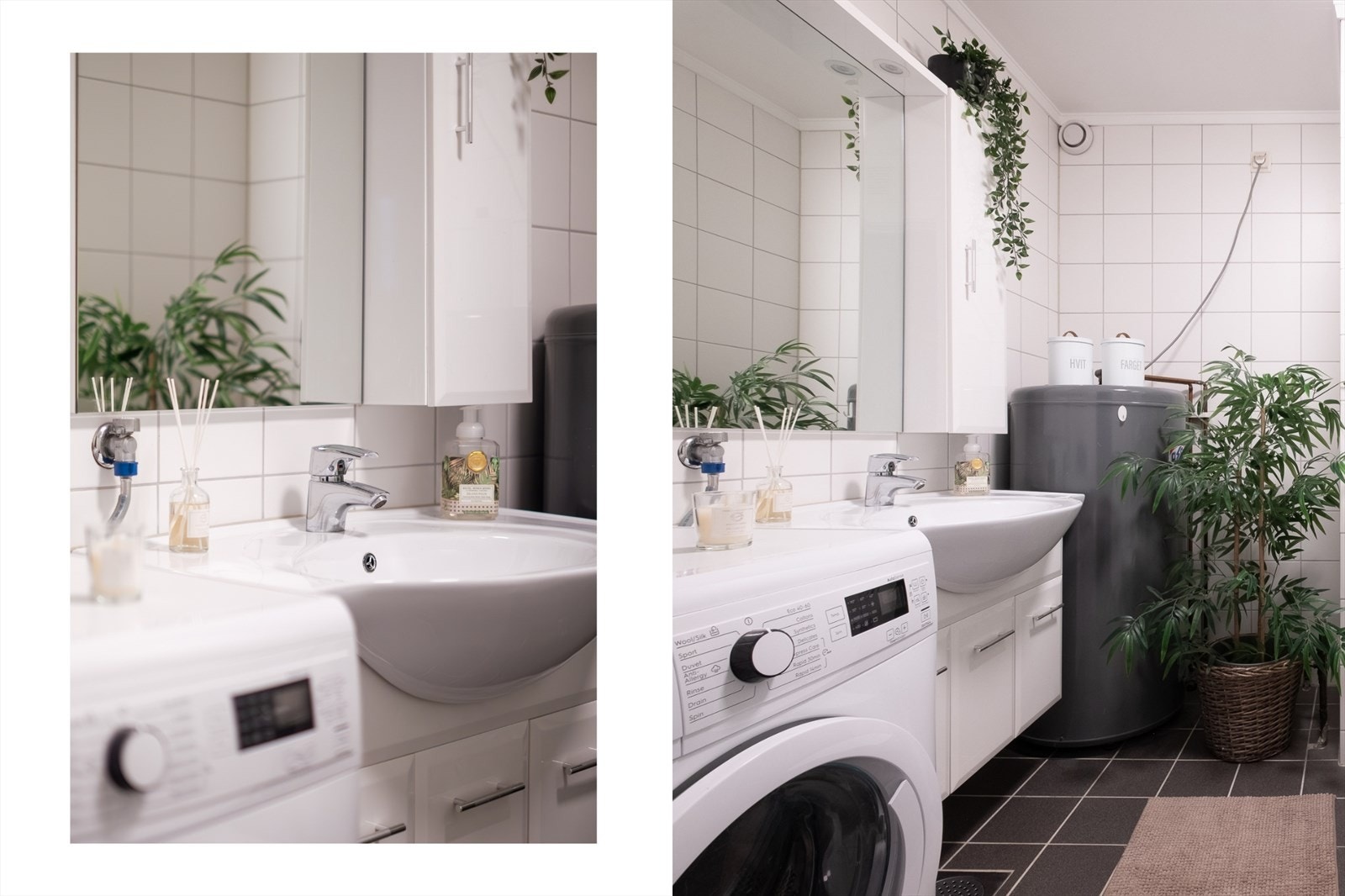 Badet er innredet med en nedfelt servant, underskap med tre skapdører, gulvstående WC, dusjkabinett og overskap med speil og lys - det er opplegg for både vaskemaskin og tørketrommel Galleribilde