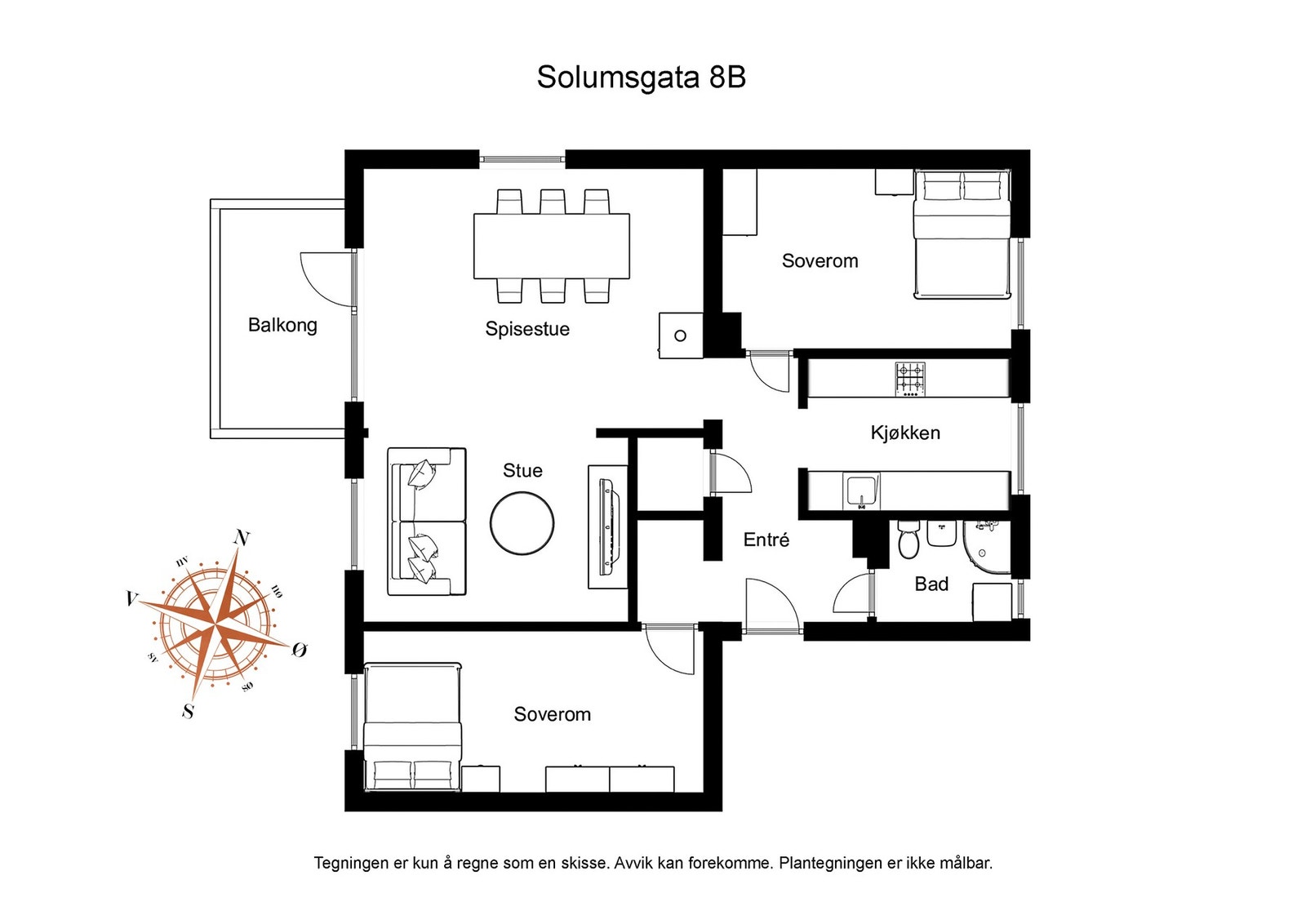 Leiligheten var opprinnelig en 4-roms. Da var det soverom der stuen er idag på tegning. Dette er lett å tilbakeføre. Galleribilde
