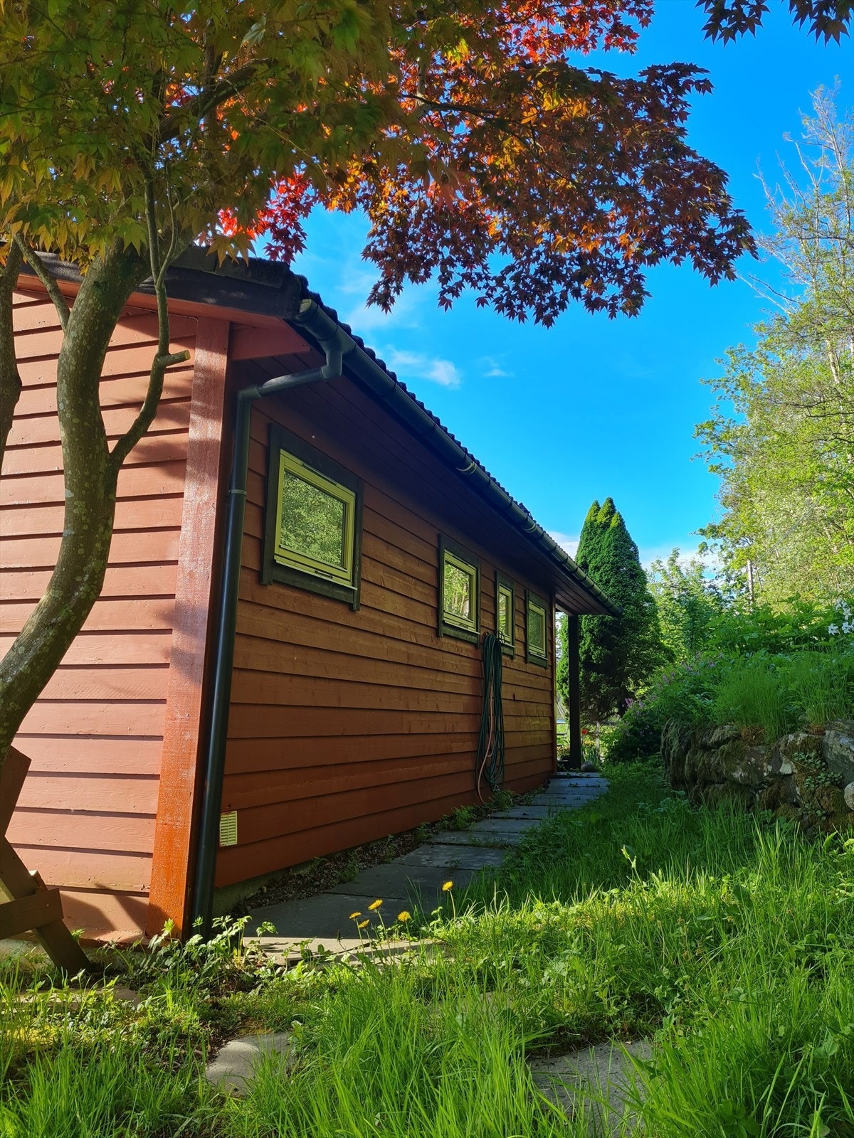 Det er hellelagt frå inngangspartiet og rundt til nordsida av huset Galleribilde