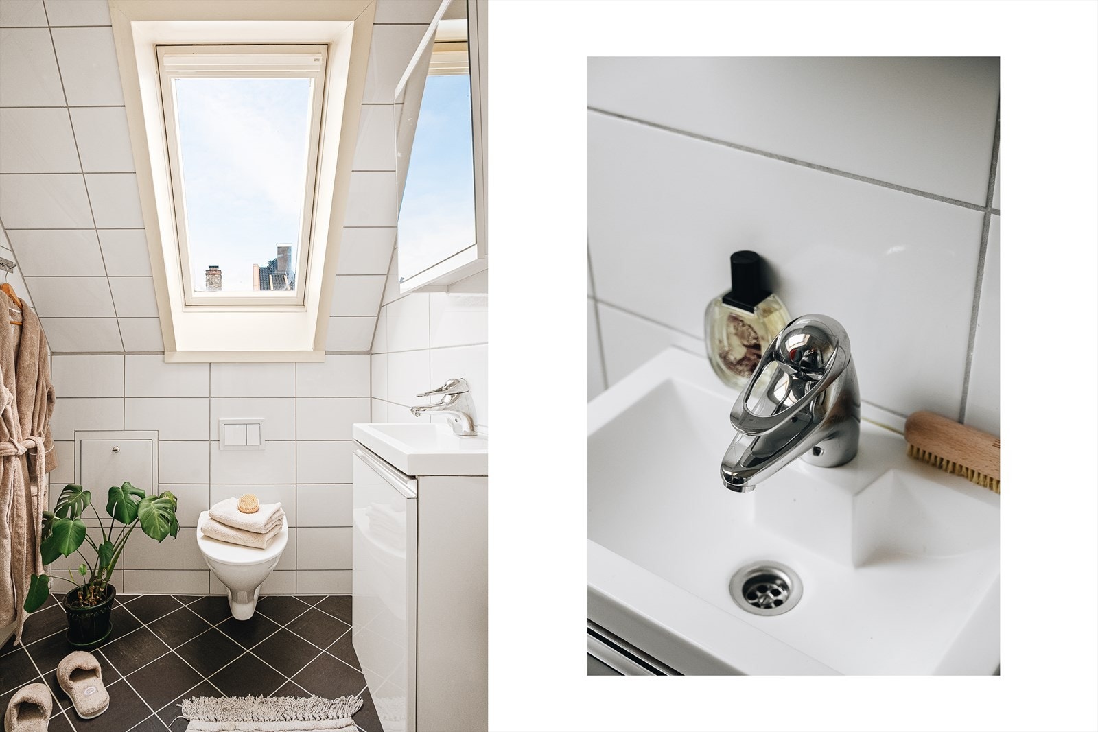 Badet er 2,8 kvm og har flislagt gulv med varmekabler, fliser på vegg og flis i skråtak. Galleribilde