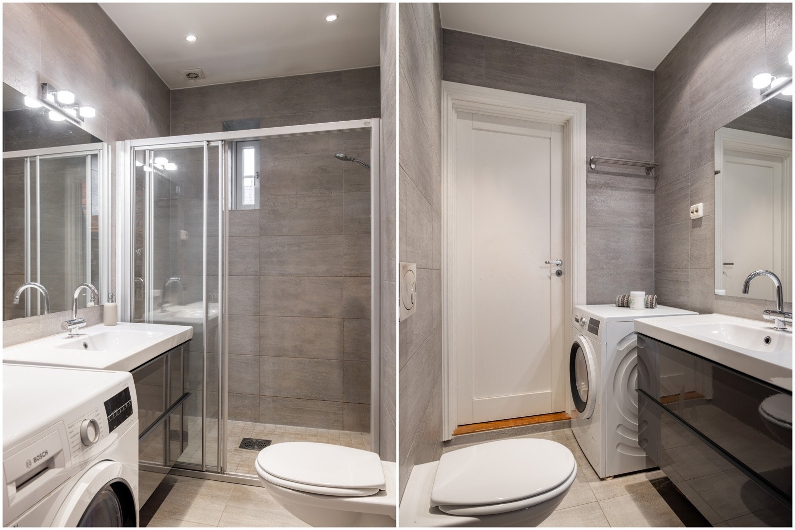 4. et: Baderom, inneholder: Romslig dusjnisje med skyvedør i glass, heldekkende servant med skuffer, speil med belysning, vegghengt klosett, og opplegg for vaskemaskin/tørketrommel. Galleribilde