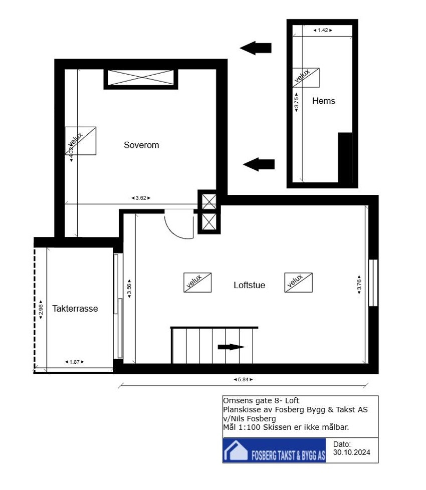 Plantegning: Loftsetasje med 40 kvm gulvareal. Lagringsplass på hems og i kjellerbod på 5 kvm. Galleribilde