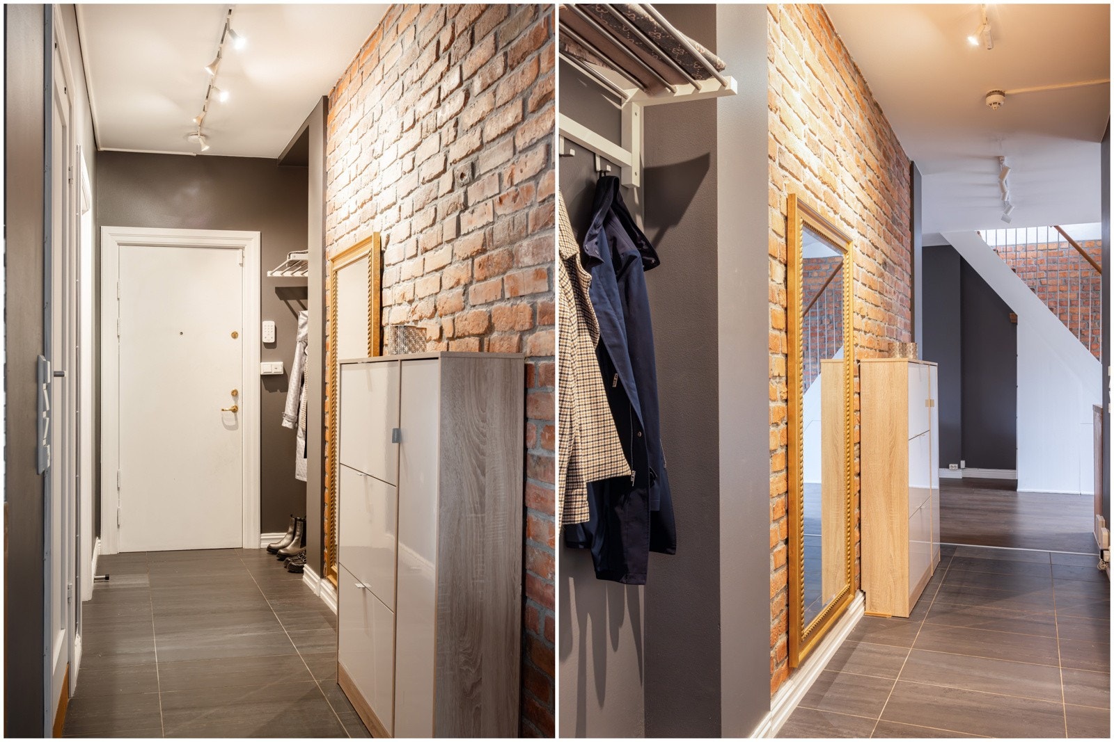 4. et: Entré. Detaljer i original teglstein og praktisk garderobenisje. Galleribilde