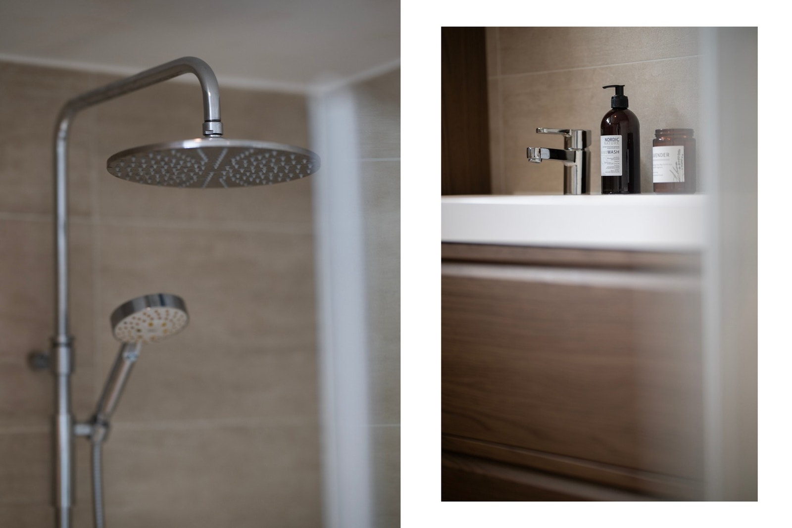 Badet byr på både dusjnisje med glassdør, hånd- og regndusj, samt et innmurt badekar med dusjarmatur og hånddusj. Galleribilde
