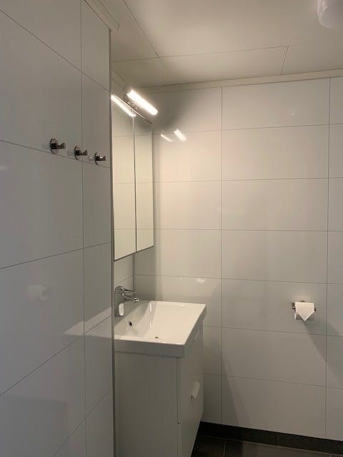Bad: Varme i gulv. Dusj med dusjvegger. Wc. Servant med underskap. Speilskap. Galleribilde