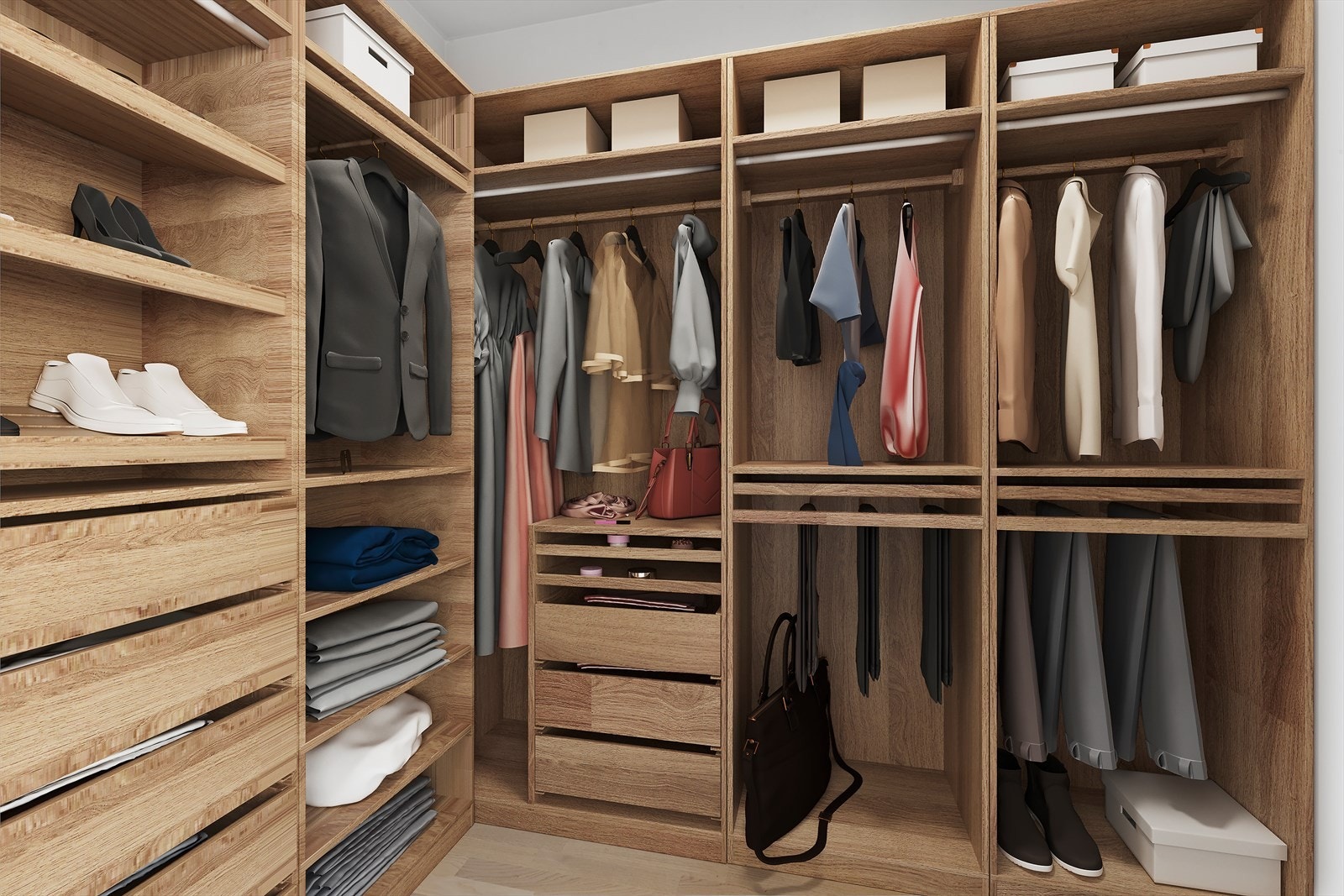 Innenfor hovedsoverommet har du en bod / walk- in garderobe som kan innredes slik som på bildet. (Digital møblering illustrert i bildet). Galleribilde