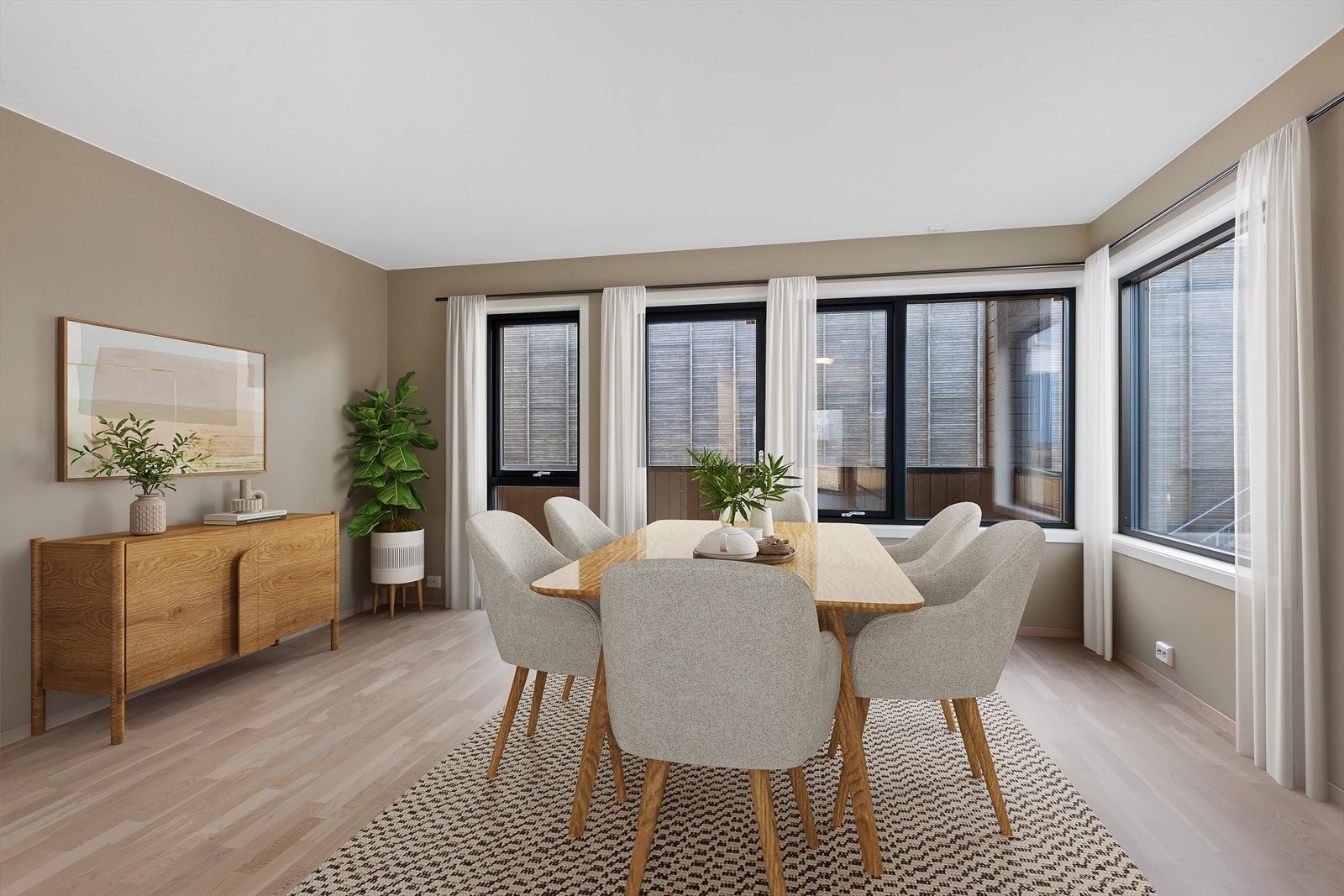 Du får god plass i spisestuen med store vindu og godt med lysinnslipp. (Digital møblering illustrert i bildet). Galleribilde