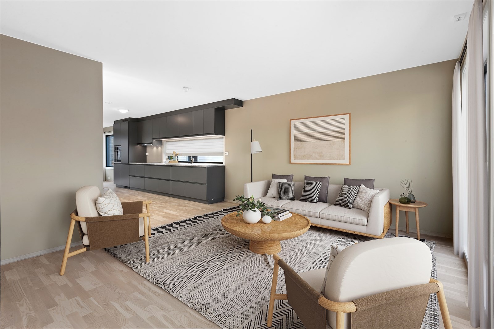 Varme og moderne farger på stueveggene gir leiligheten et moderne preg. (Digital møblering illustrert i bildet). Galleribilde