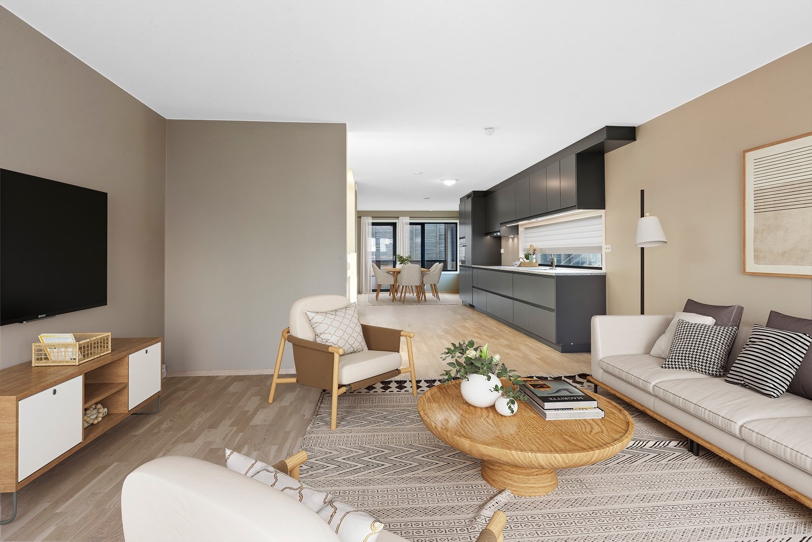 Sofakroken finner fort sin naturlige plass i rommet, og tv-en kan med fordel plasseres mot/på vegg. (Digital møblering illustrert i bildet). Galleribilde