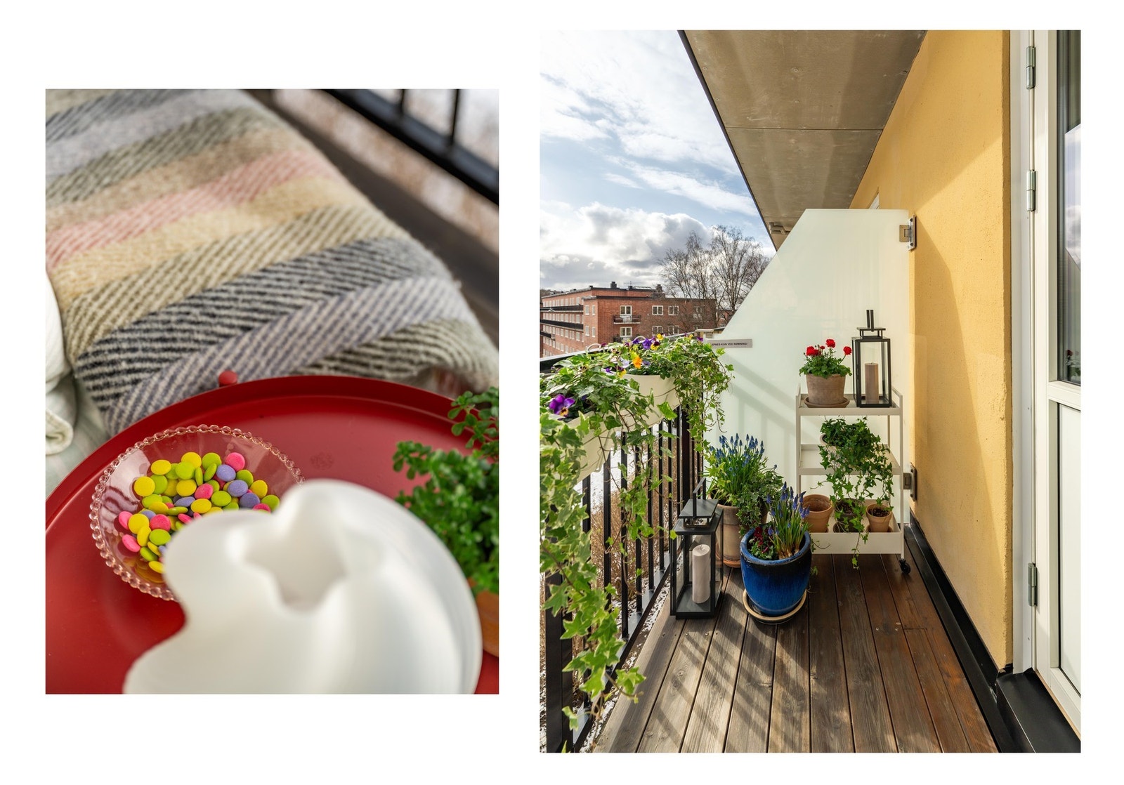 Balkongen er sørøstvendt med gunstige solforhold. Den vender ut mot frodige omgivelser og har en ganske privat atmosfære. Galleribilde