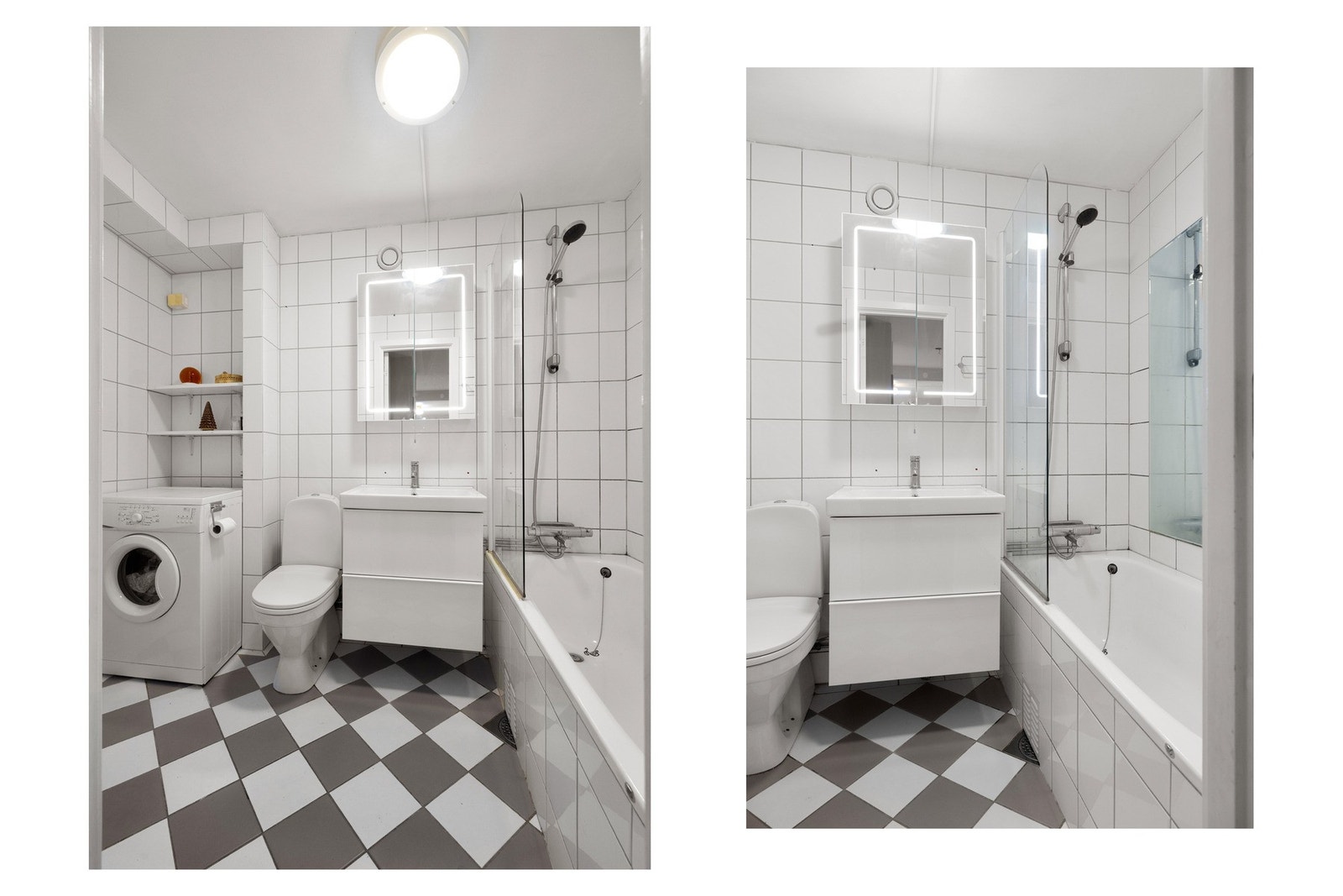 Badet er utstyrt med et elegant servantskap med oppbevaringsskuffer og et innmurt badekar med flislagt overflate, dusjløsning og sprutvegg. Galleribilde