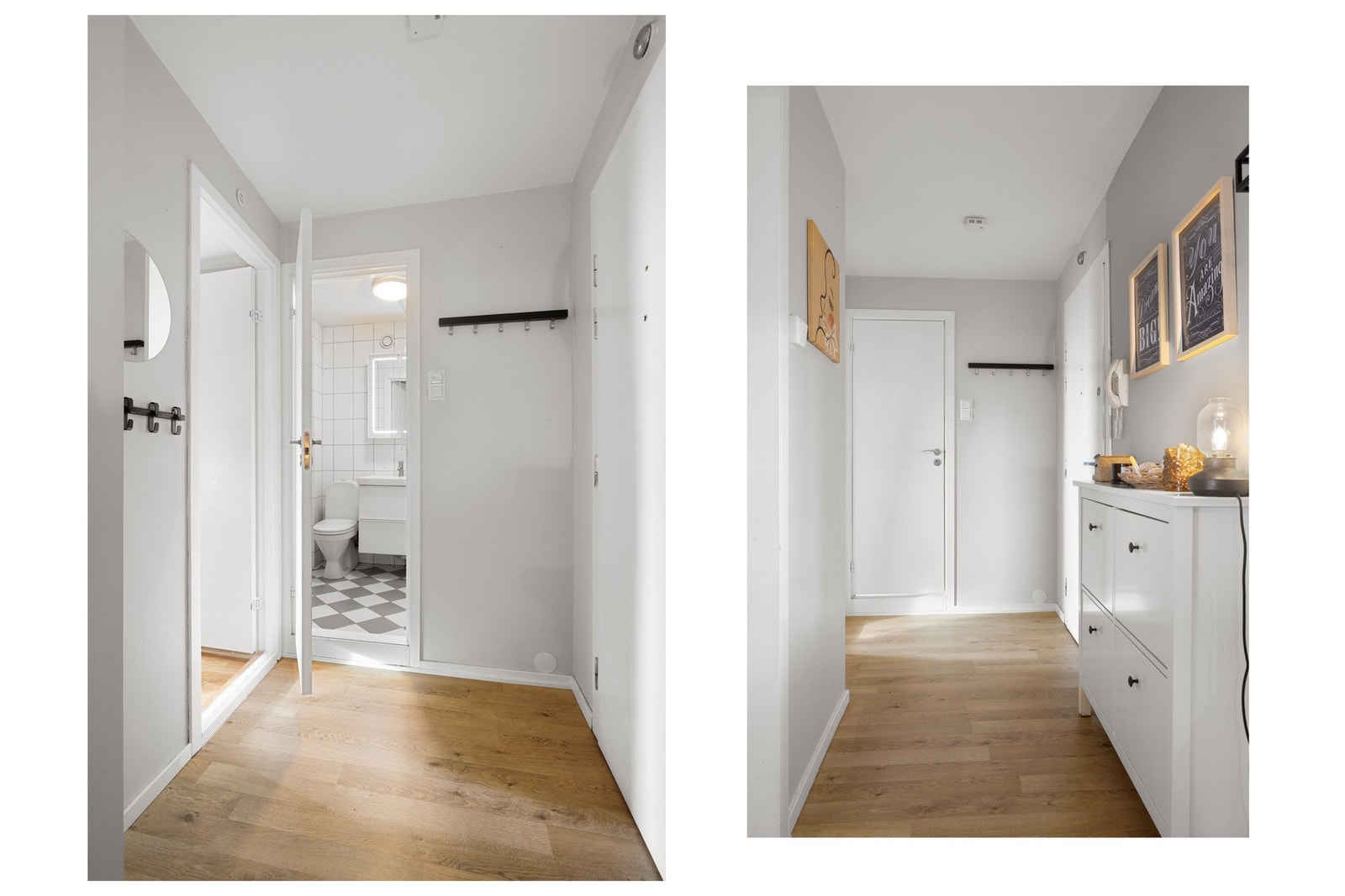 Entréen er lys og innbydende, med nok plass til skoskap og knaggrekker for praktisk oppbevaring. Galleribilde