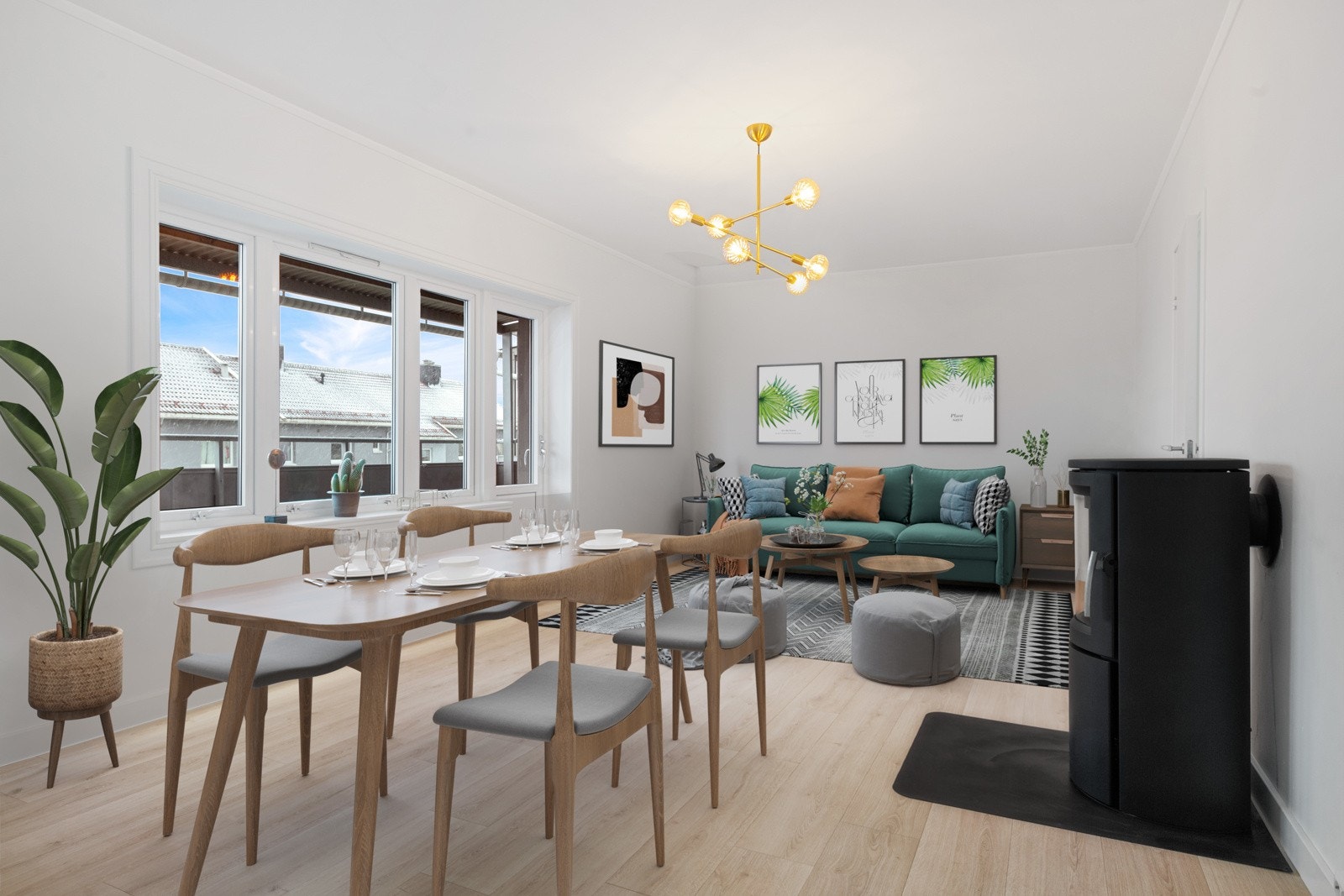 I stuen er det utgang til veranda- legg merke til at det er installert vedovn Galleribilde