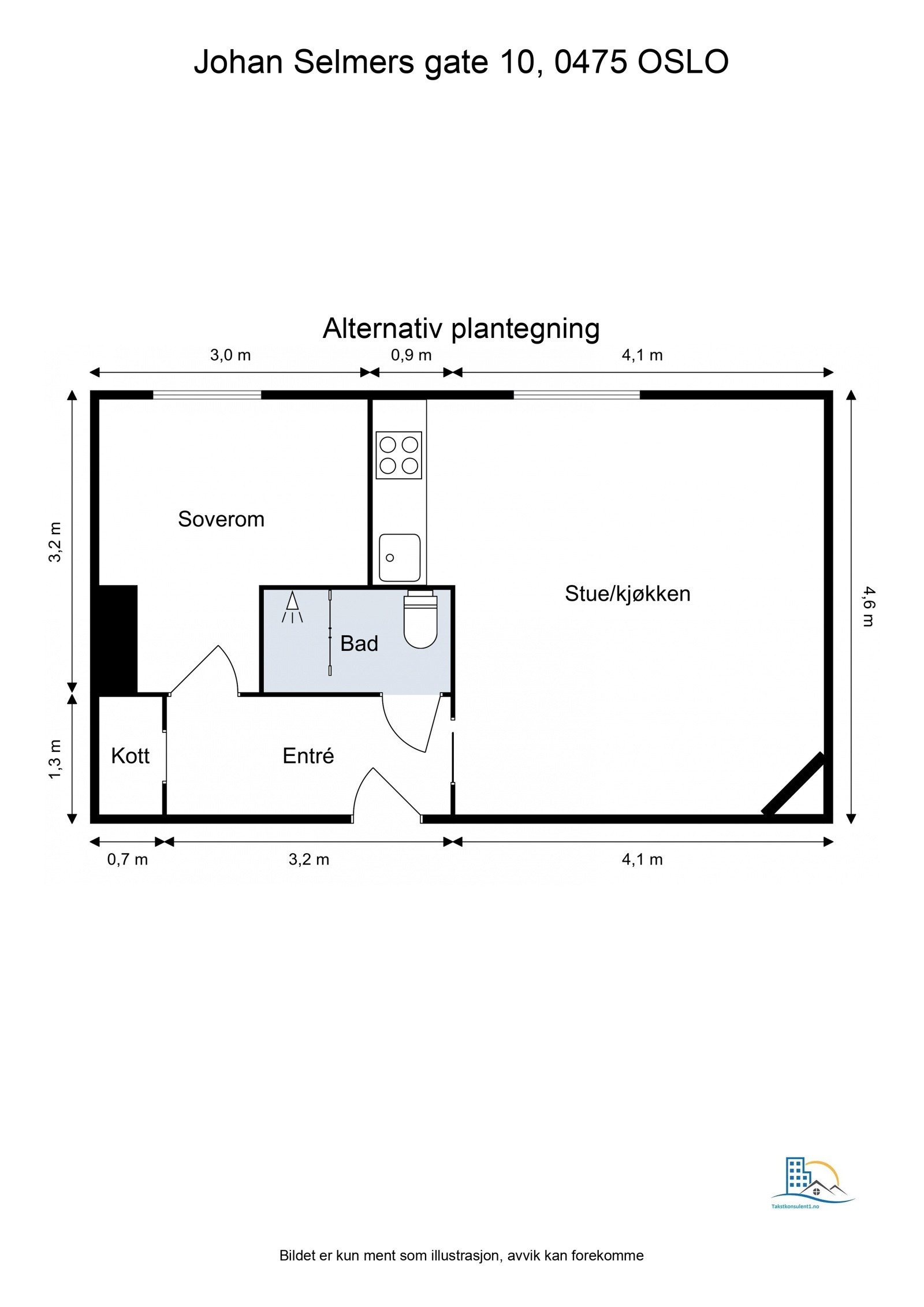 Forslag til alternativ løsning med eget bad og flytting av kjøkken. Ombygging forutsetter godkjenning av styret og PBE. Galleribilde