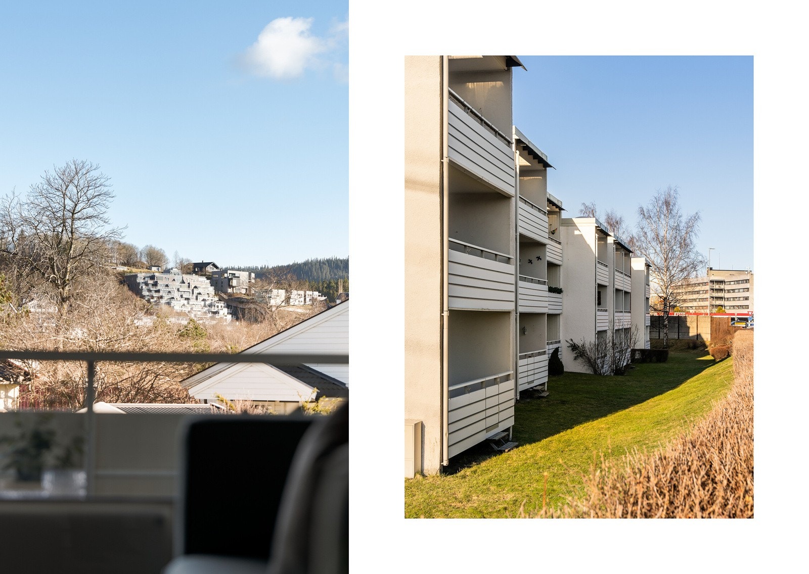 Balkongen vender mot øst med morgen- og formiddagssol. Ingen innsyn hverken i leiligheten eller på balkongen, da de nærmeste naboene består av småhusbebyggelse. Galleribilde