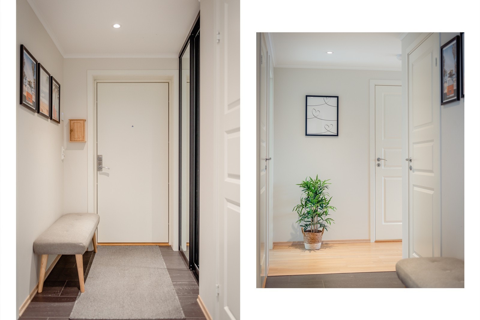 Gang/entrè - stor og fin gang med plass for yttertøy og sko, i skyvedørsgarderobe med speildører. Fra gangen har man også dør inn til inneboden, som er en god løsning. Galleribilde