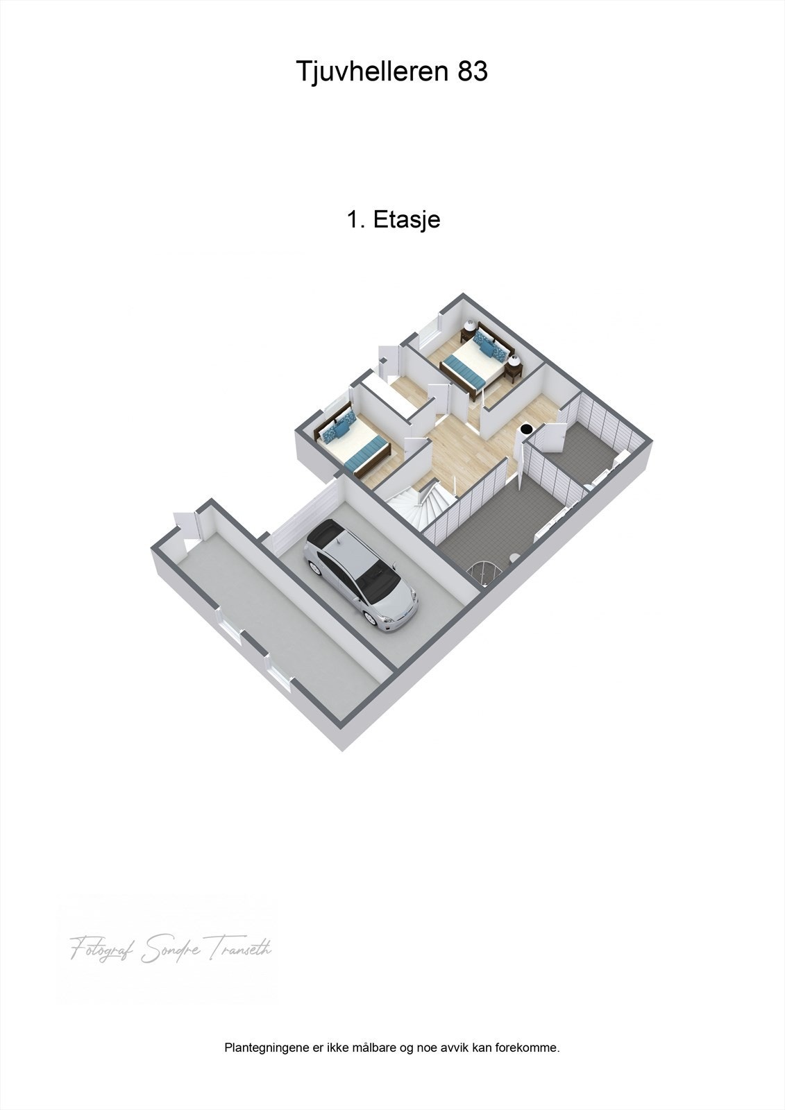 Planløsning 1.etg.: entre/vindfang, mellomgang/hall, soverom 1, soverom 2, bad, vaskerom. Garasje og verksted. Galleribilde