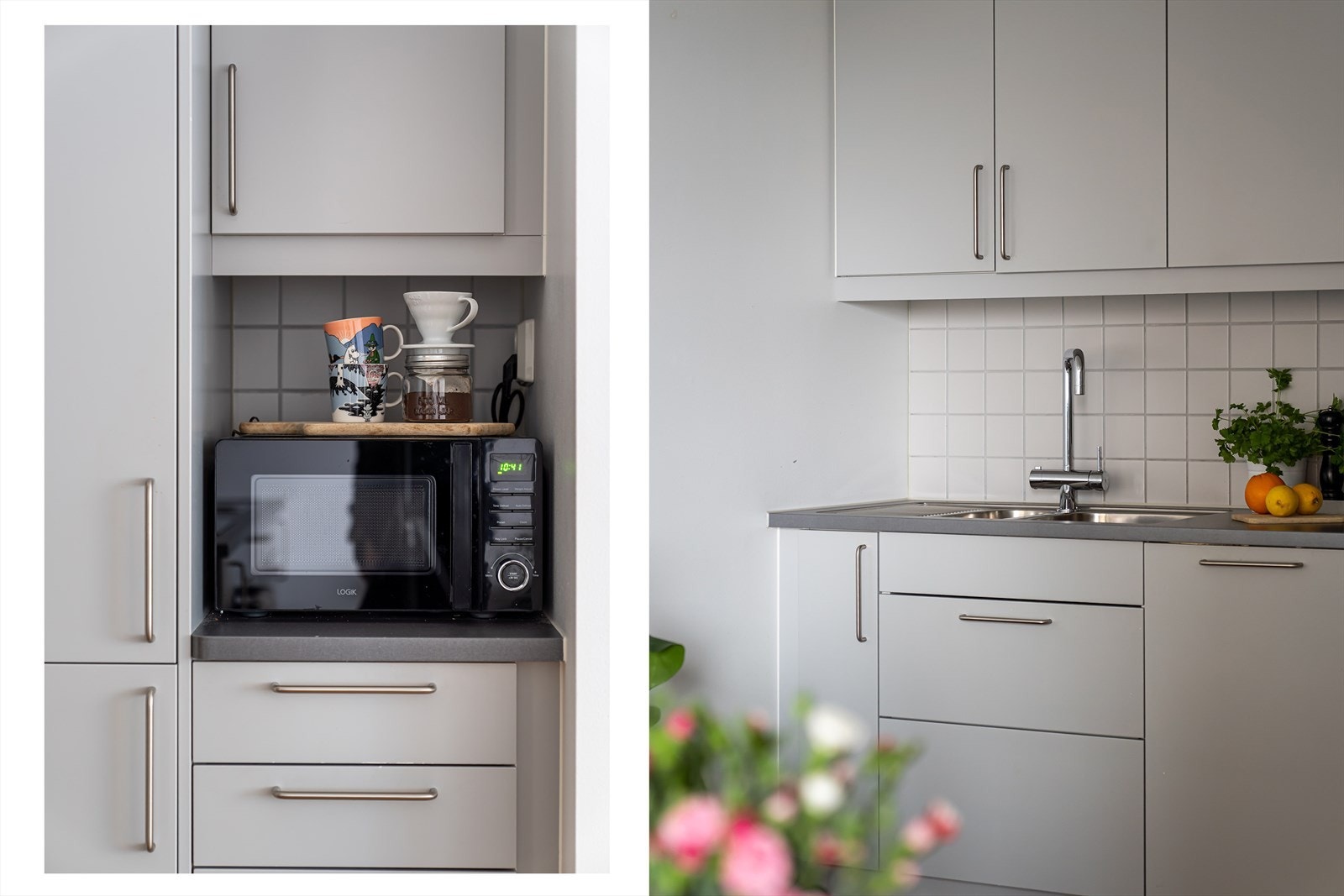 Moderne kjøkkeninnredning som byr på partiske løsninger for mest mulig utnyttelse av areal. Galleribilde