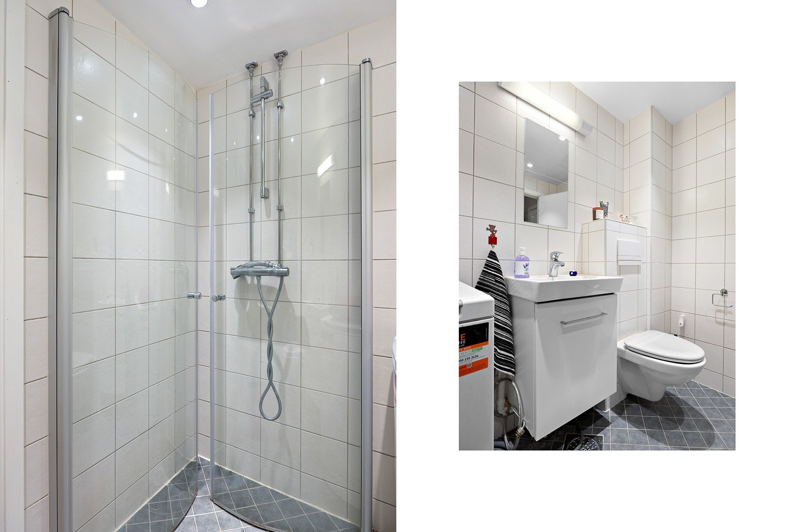 Badet har varmekabler i gulv og opplegg for vaskemaskin. Galleribilde