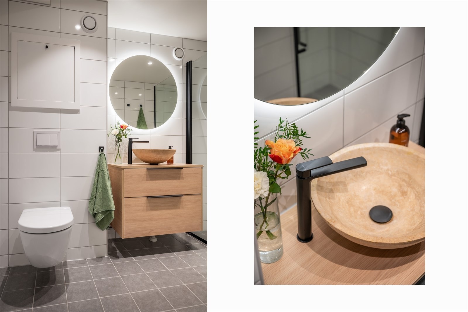 Badet er innredet med servant, speil med belysning, klosett og veggmonterte dusjvegger. Galleribilde