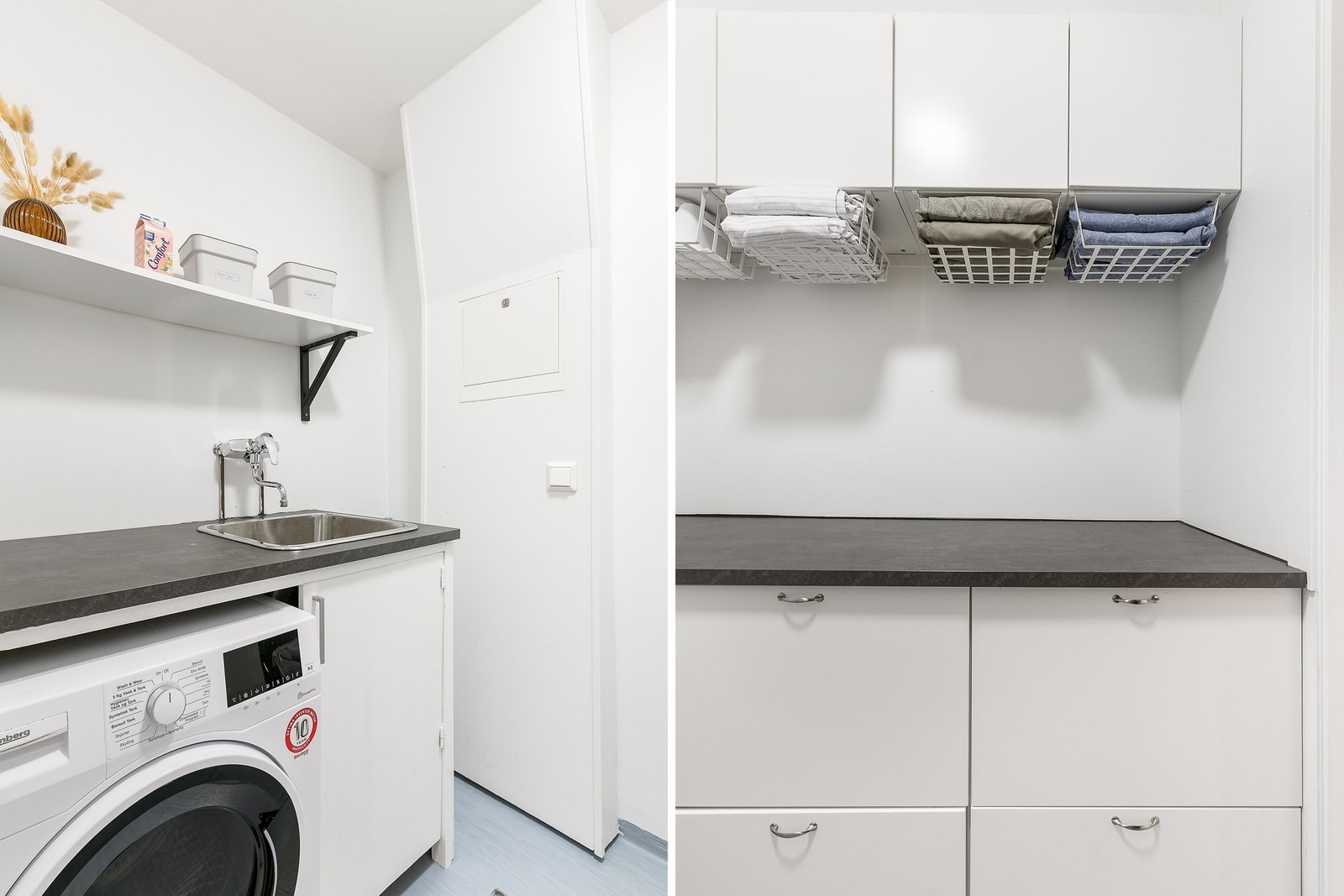 Vaskerommets vegger ble fornyet i 2021. Nytt blandebatteri og kran til vaskemaskin ble montert samme år, ny bereder med WaterGuard i 2024. Galleribilde