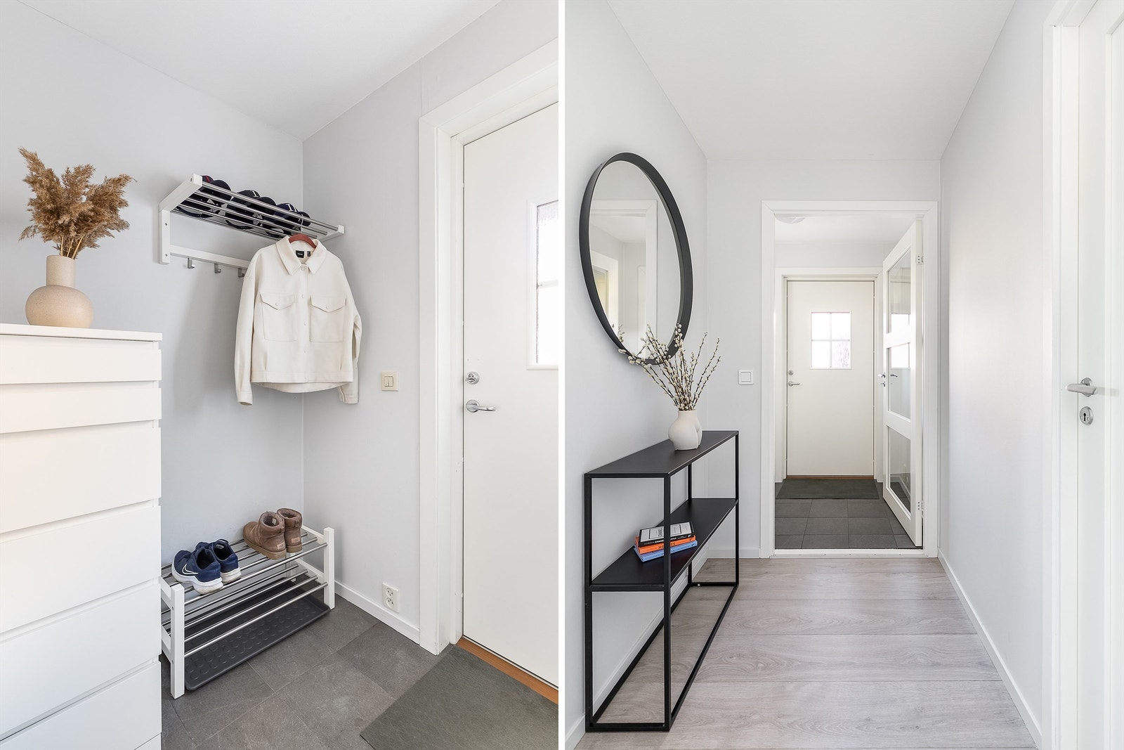 Entreen har en praktisk overflate av fliser på gulvet. Galleribilde