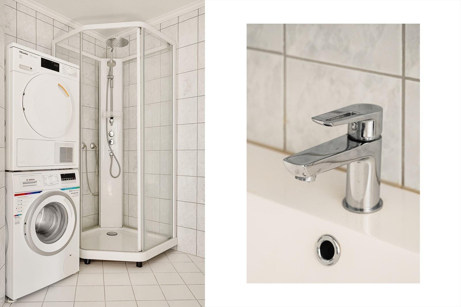 - Badet er innredet med gulvmontert toalett, benkeskap med servant, dusjkabinett og opplegg for vaskemaskin - Galleribilde