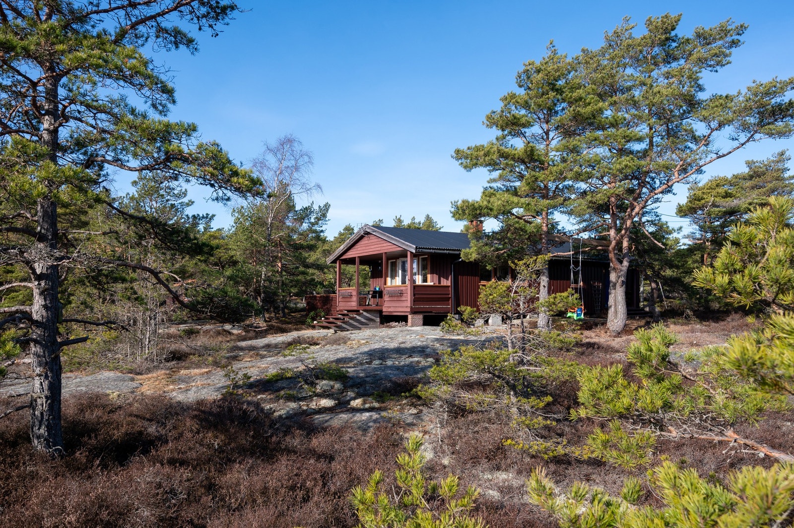 Hytta ligger på en liten høyde, blant spredt, lav furuskog Galleribilde