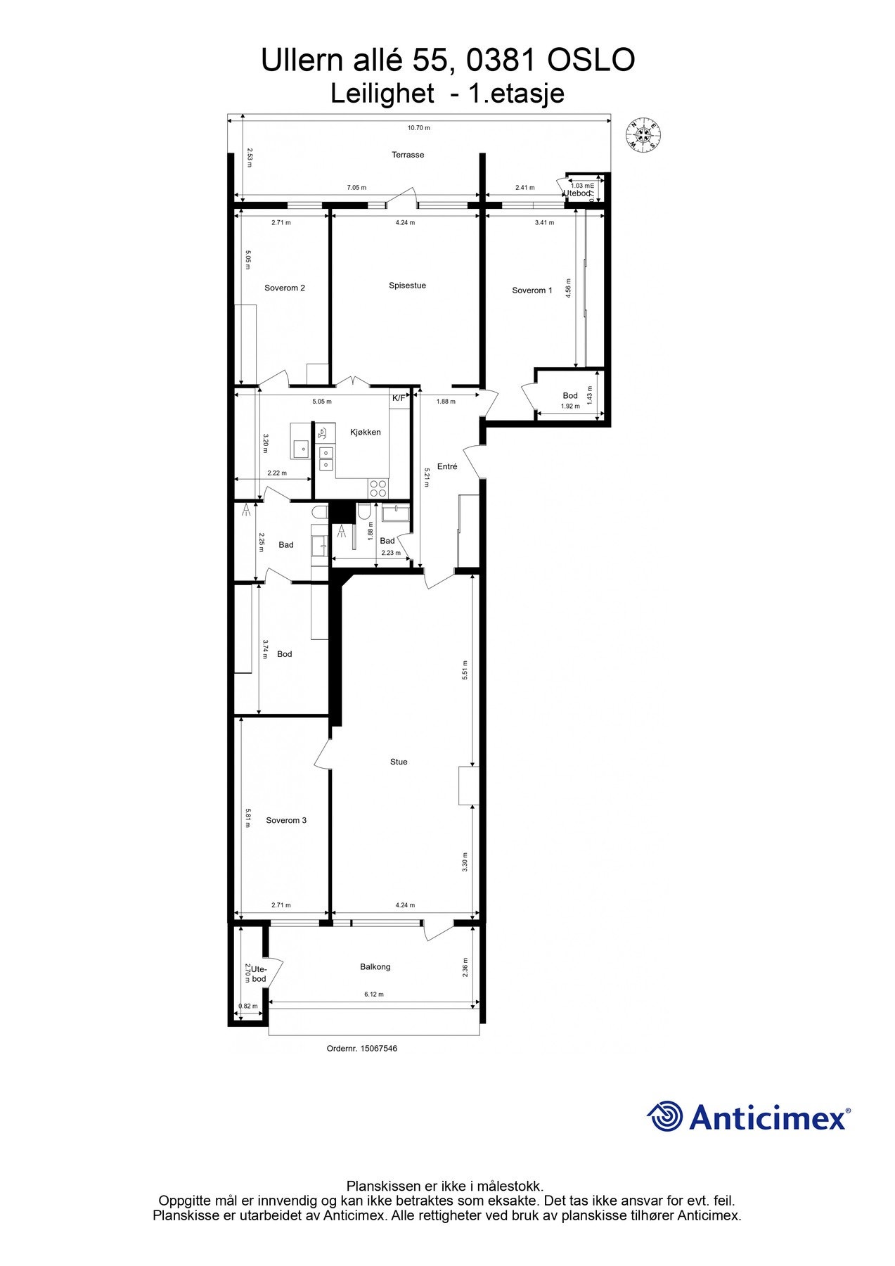 Plantegning. Leiligheten består av entré, to bad, stue, kjøkken, spisestue, tre soverom og to innvendige boder. Utgang fra stue til balkong med videre adkomst til utebod. Utgang fra spisestue til markterrasse med videre adkomst til utebod. Galleribilde