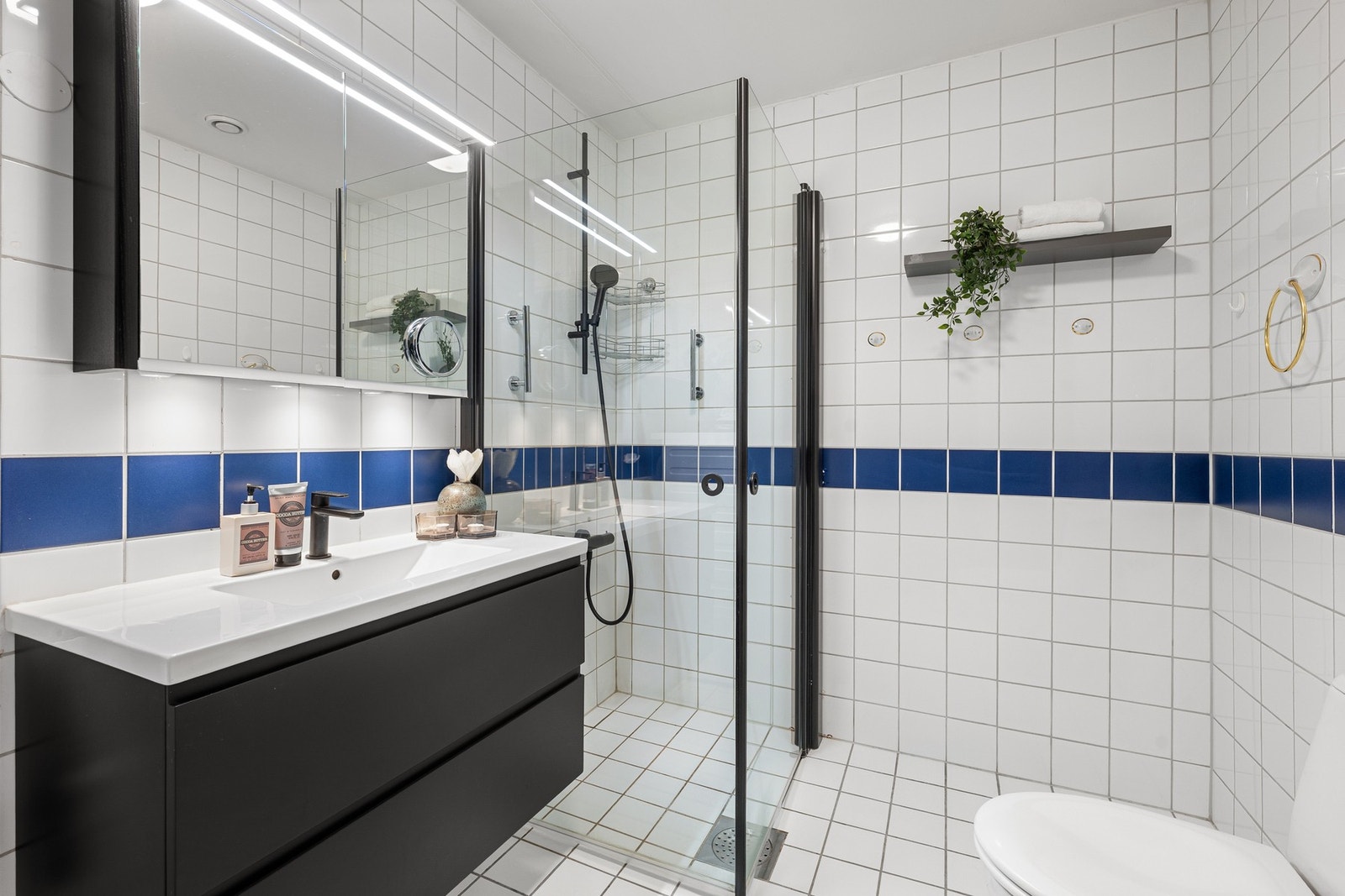 Baderomsinnredningen er oppgradert i senere tid. Dusjhjørne med dører og vegghengt dusjarmatur. Galleribilde