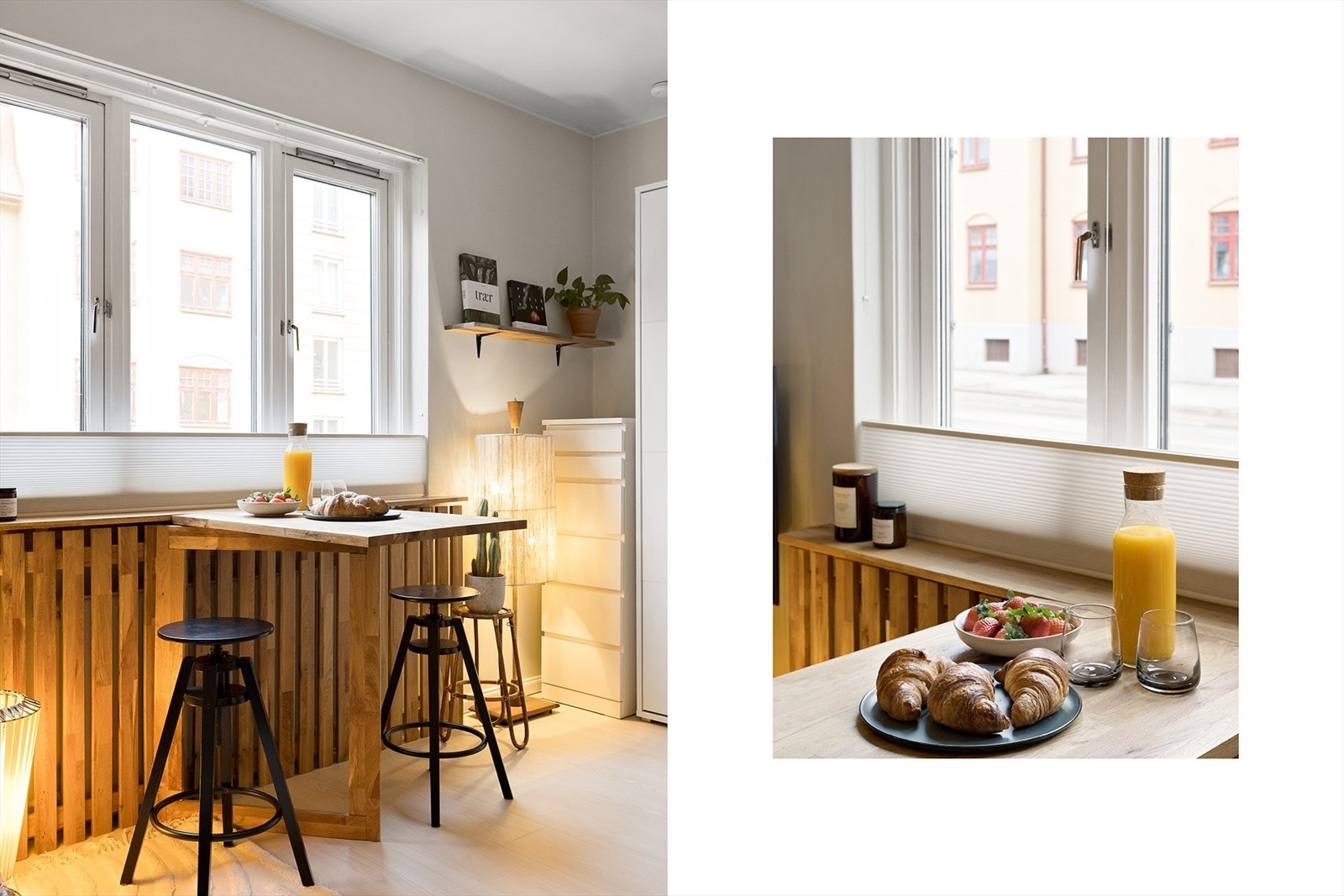 Lyst oppholdsrom med flere innredningsmuligheter. Lekkert plassbygget bord med spiler i eik ved vinduet. Galleribilde