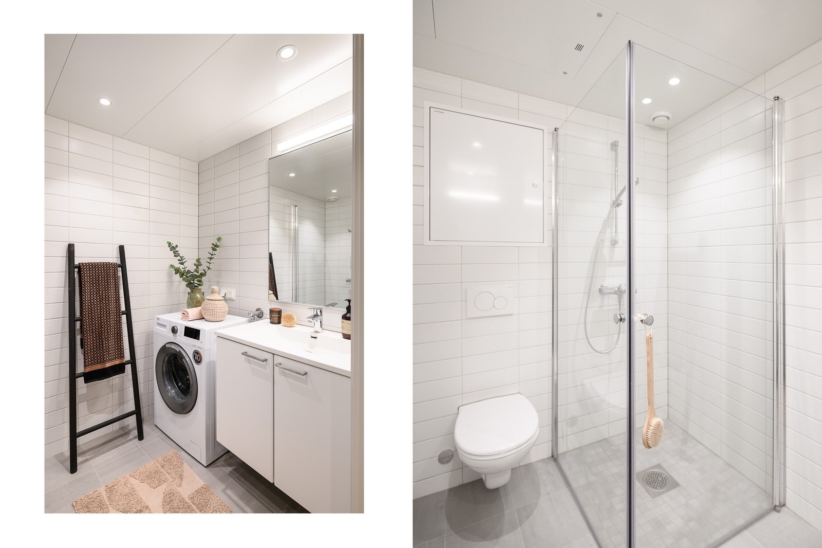 Badet er lyst og pent med veggmontert toalett, innfellbare dusjvegger, hvit innredning og opplegg for vaskemaskin. Galleribilde