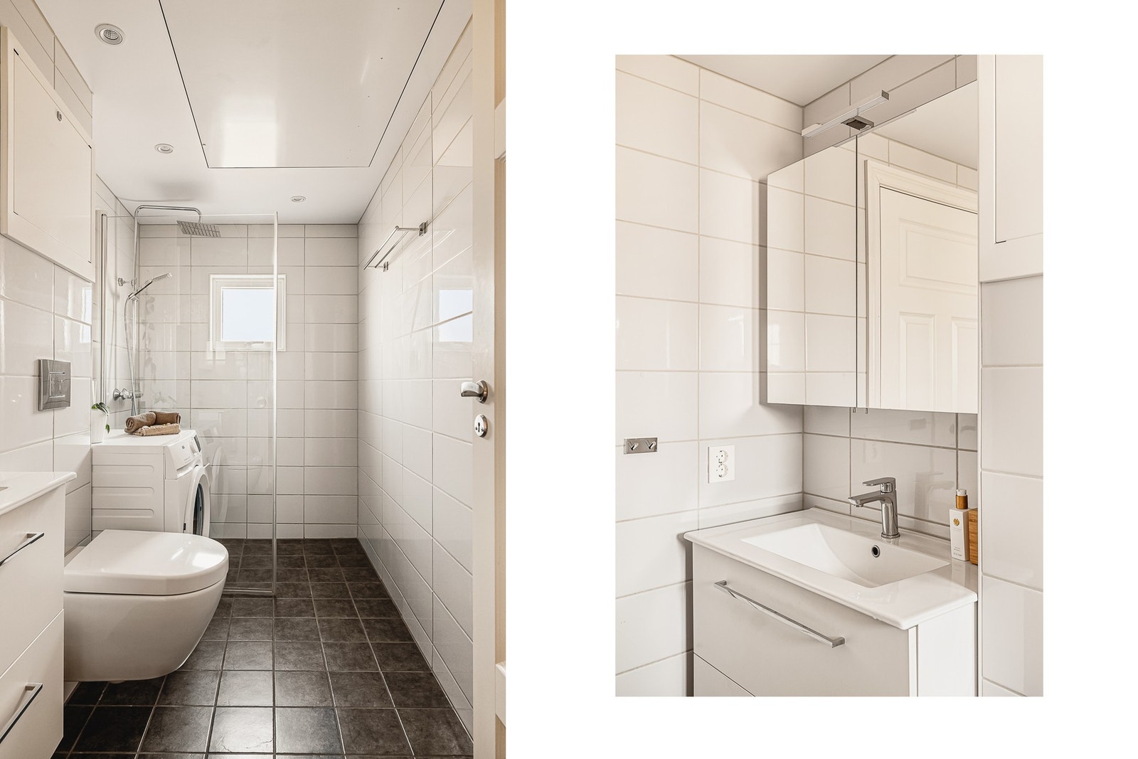 Inneholder innredning med servant, toalett, dusj, speil og belysning Galleribilde