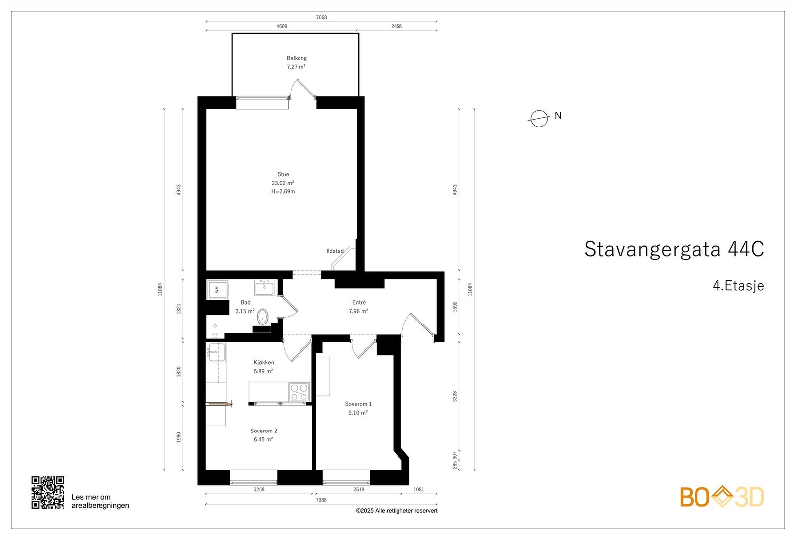 Vi kjører på med leilighetens planskisse med én gang, slik at du får orientert deg litt. I tillegg til innvendige arealer disponerer boligen 3 boder. Galleribilde