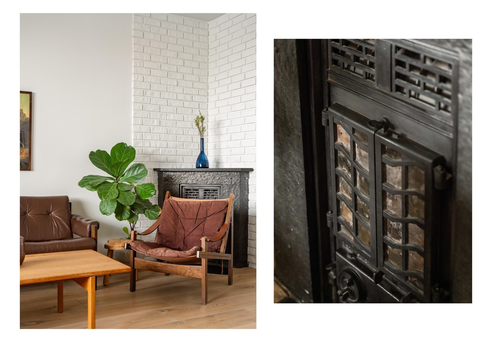 I stuen finner vi også en innebygget kamin, som kommer til sin rett i vinterhalvåret. Den er både klassisk og pen, men fungerer fint. Pipeløp ble utbedret i 2010. Galleribilde