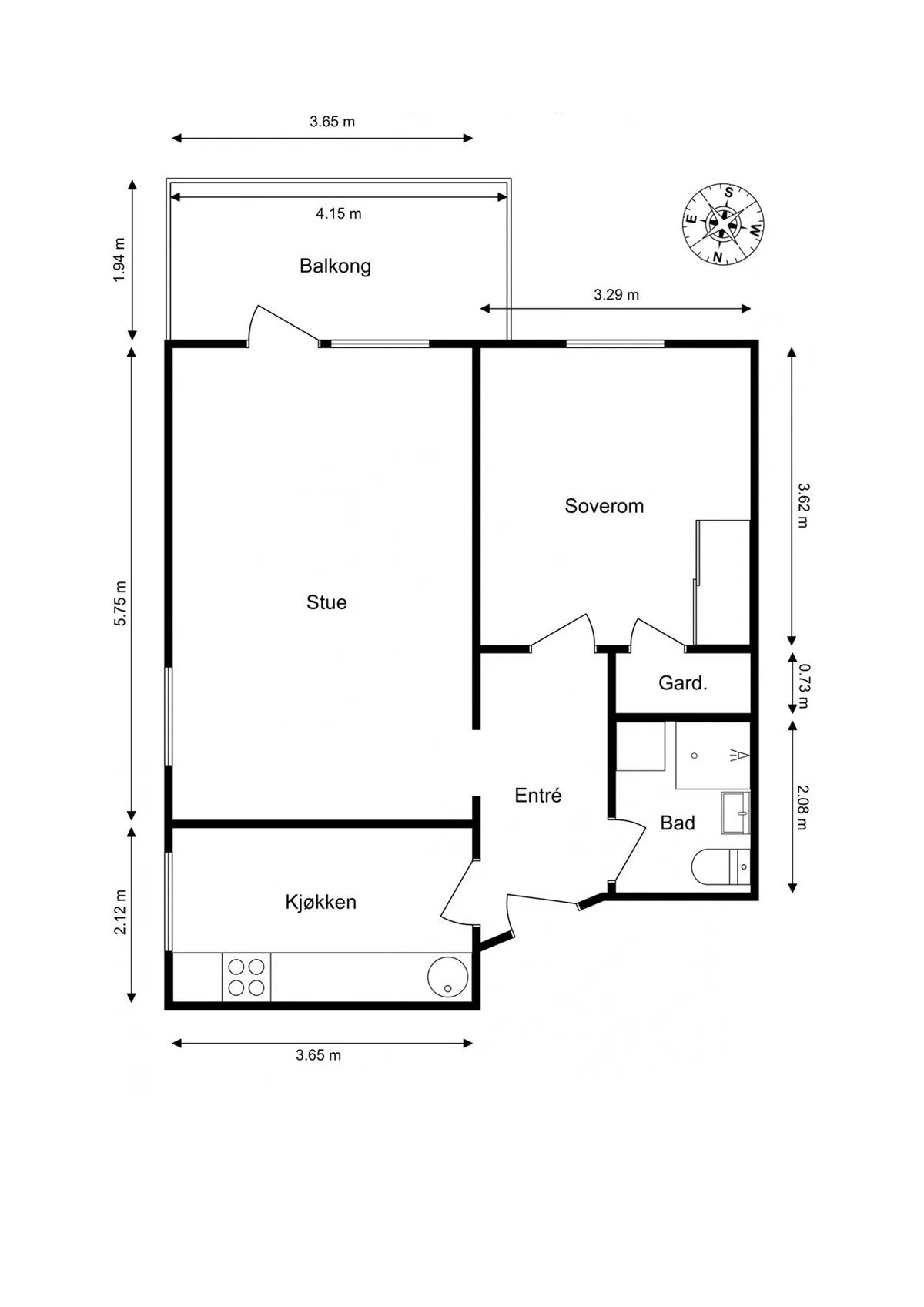 Planskisse. Leiligheten disponerer i tillegg loftsbod på 3,2 m² og 2 kjellerboder på hhv. 1,7 og 3,5 m². Galleribilde