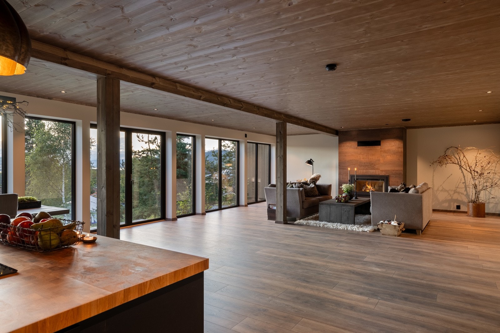 Den elegante peisen er husets hjerte og et naturlig blikkfang. Den luner godt på kjølige kvelder. Galleribilde