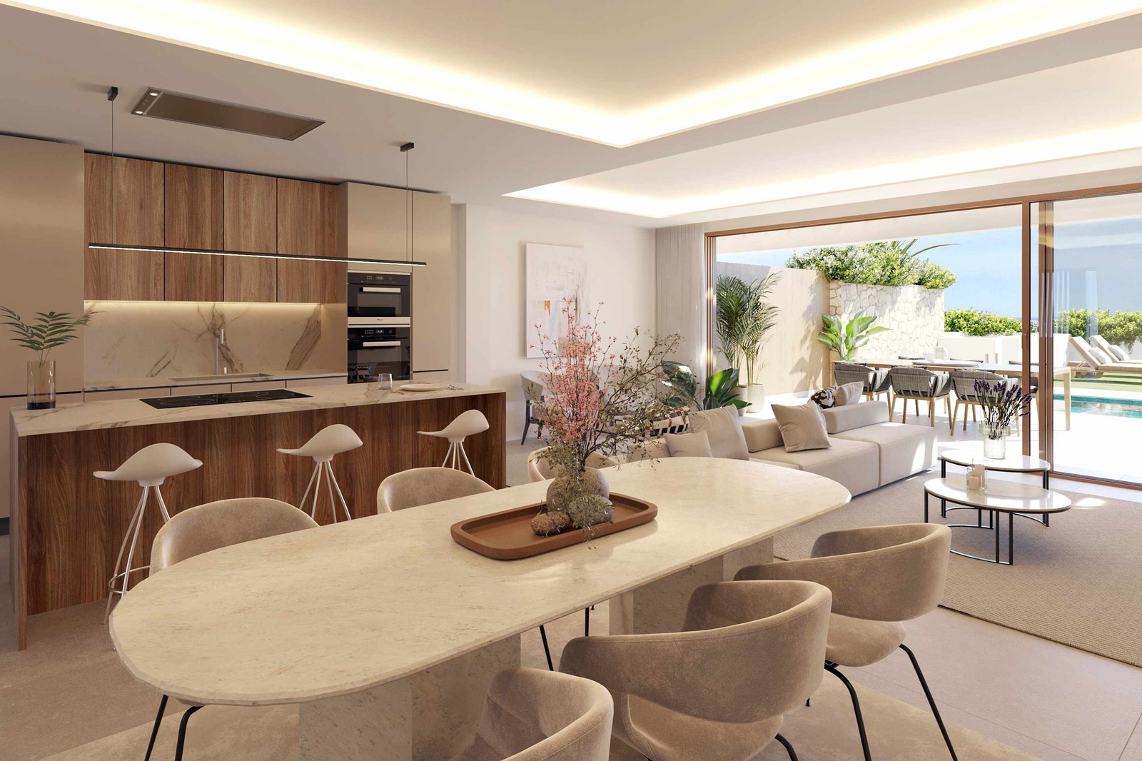 Åpen løsning mellom stuen og kjøkkenet. Direkte adgang til deilige terrasser. Galleribilde