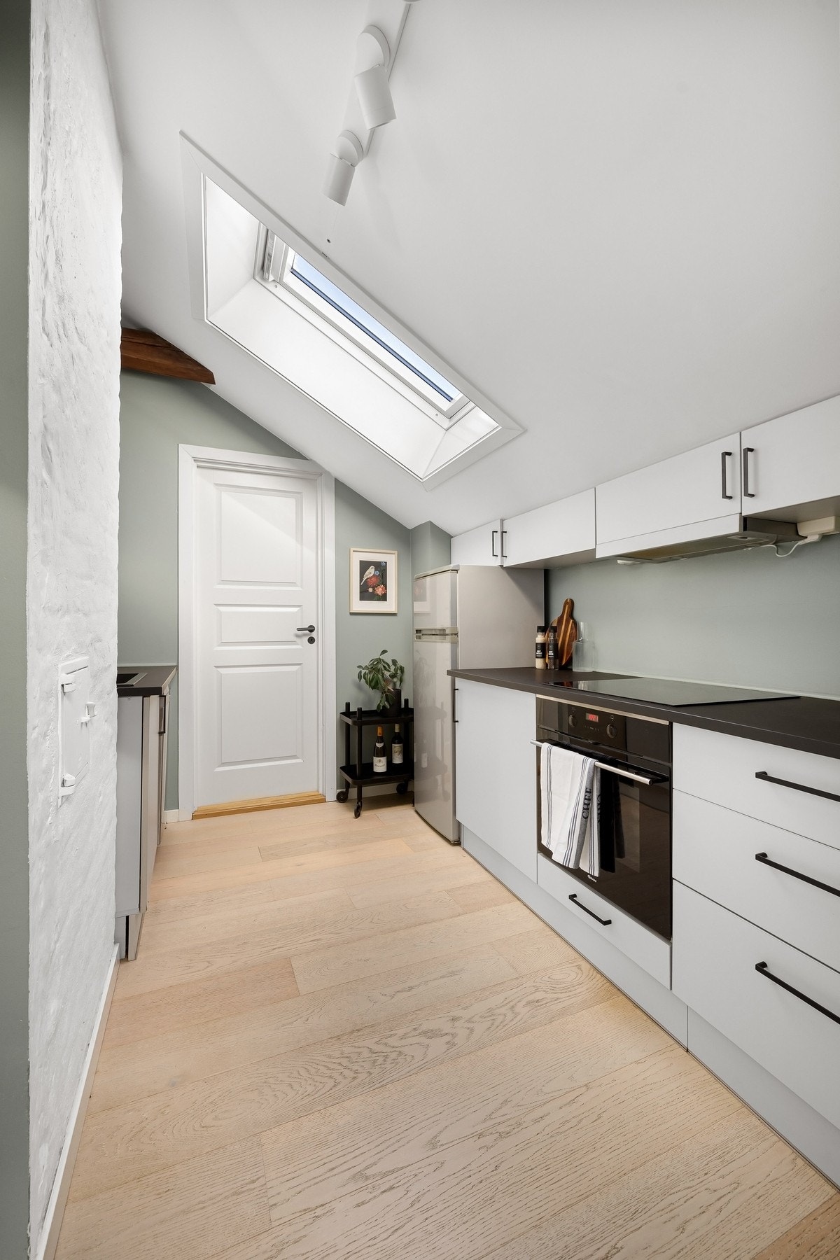 Delikat kjøkkeninnredning med integrert stekeovn, induksjonstopp og oppvaskmaskin. Galleribilde