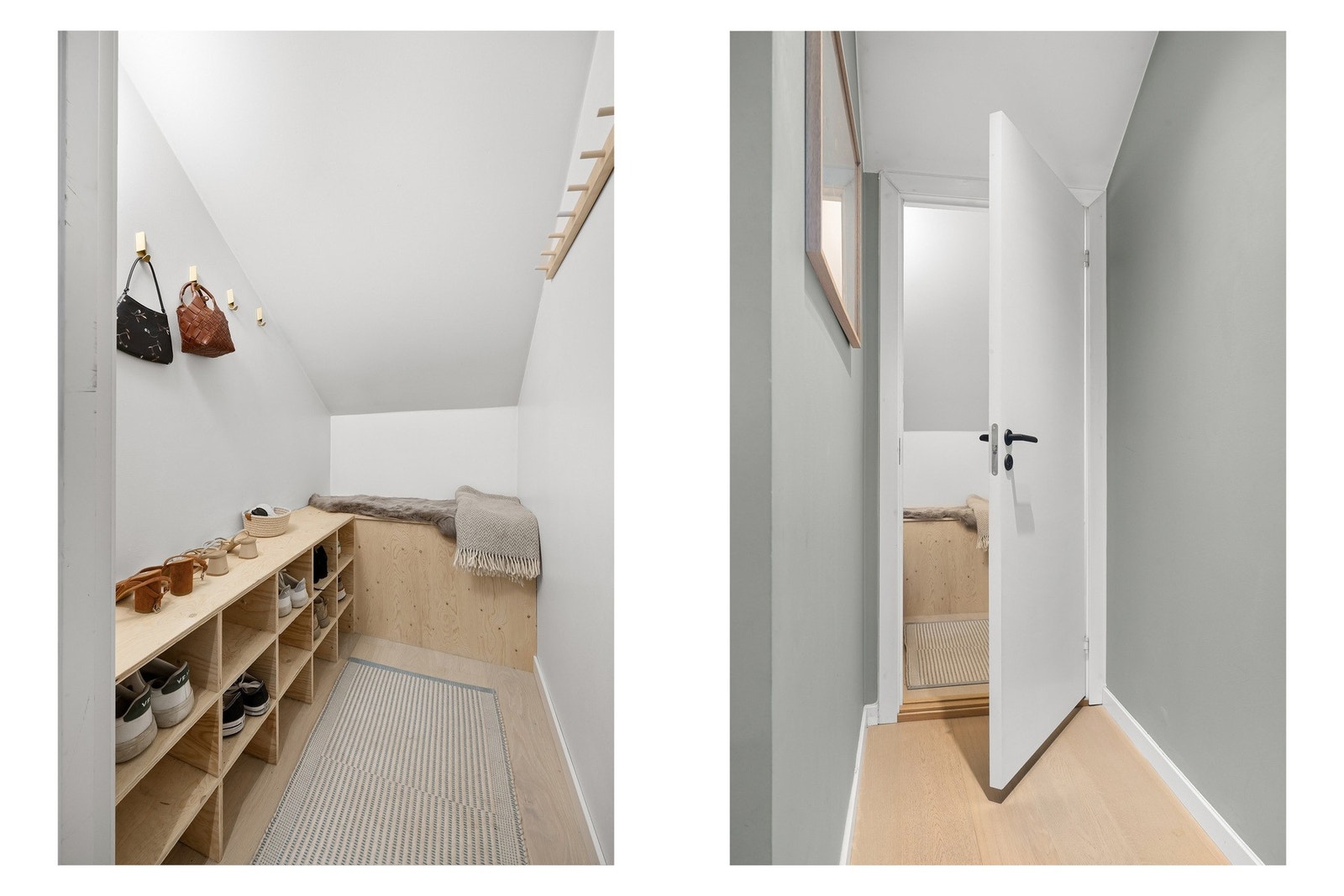 Fra entréen har du inngang videre til praktisk innvendig bod, som i dag benyttes som garderoberom. Galleribilde