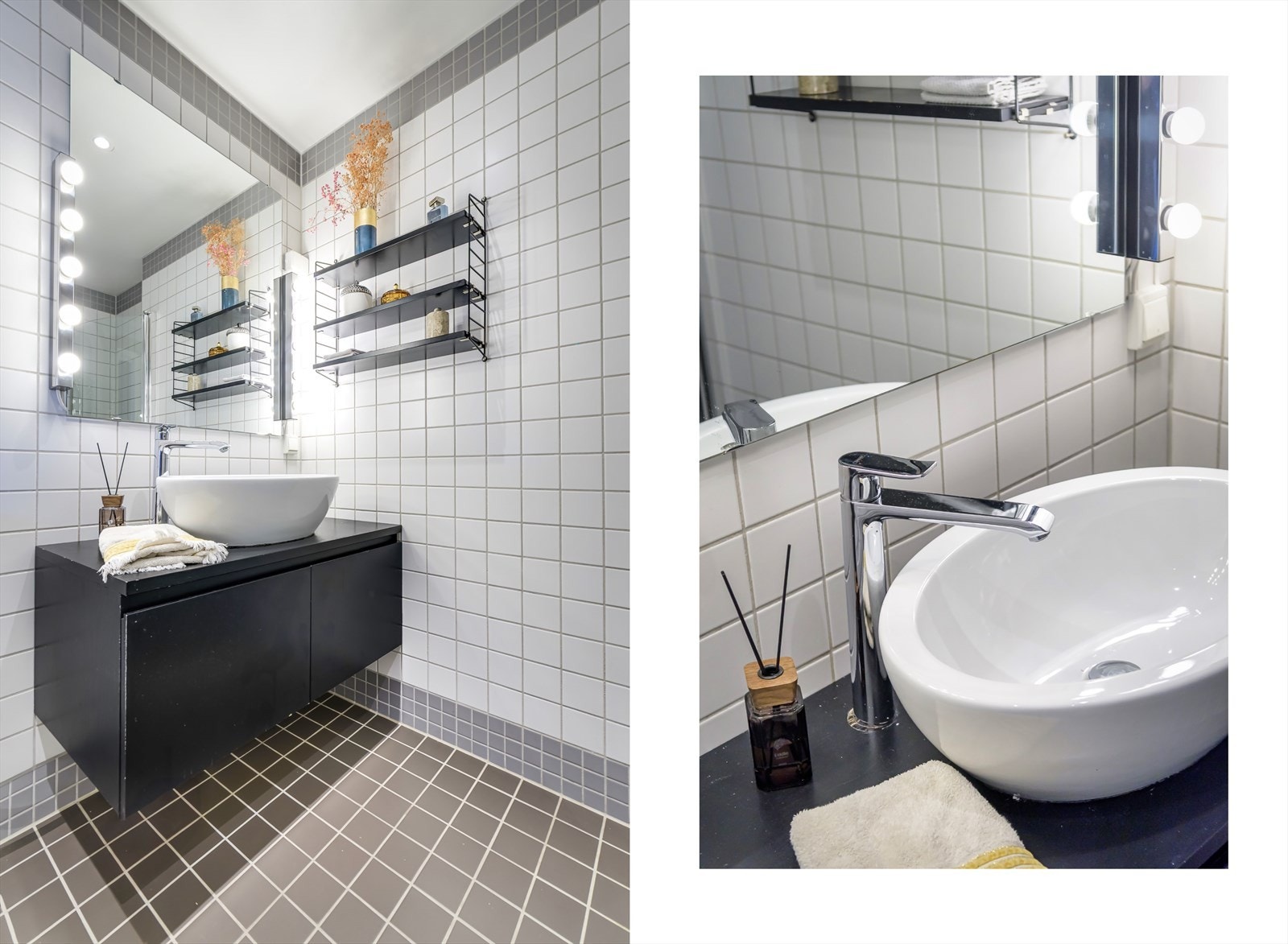 Baderomsinnredningen består av veggmonterte dusjdører, servant med underskap, speil, wc og opplegg for vaskemaskin og tørketrummel. Galleribilde