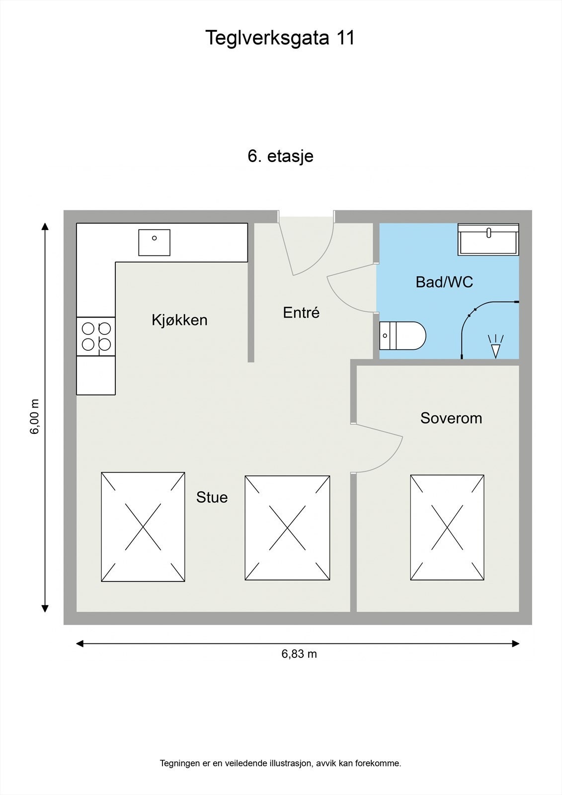 Leiligheten inneholder entré, åpen stue- og kjøkkenløsning, soverom og bad/wc. Galleribilde
