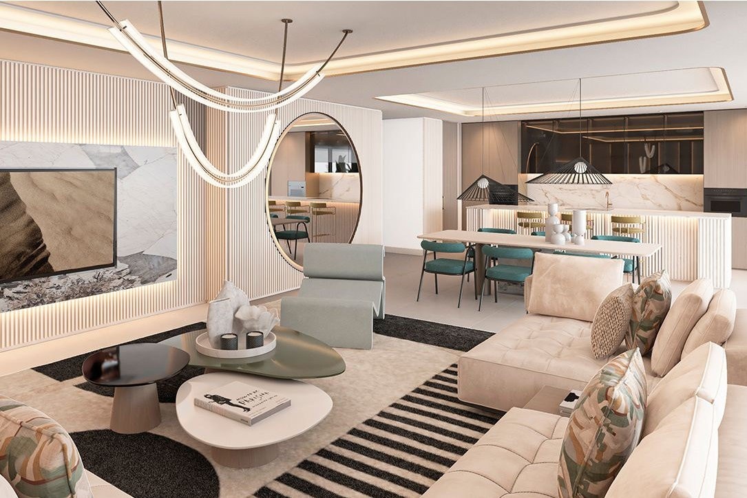 Stue med eksklusive materialvalg, belysninger og smarthusløsninger. Galleribilde